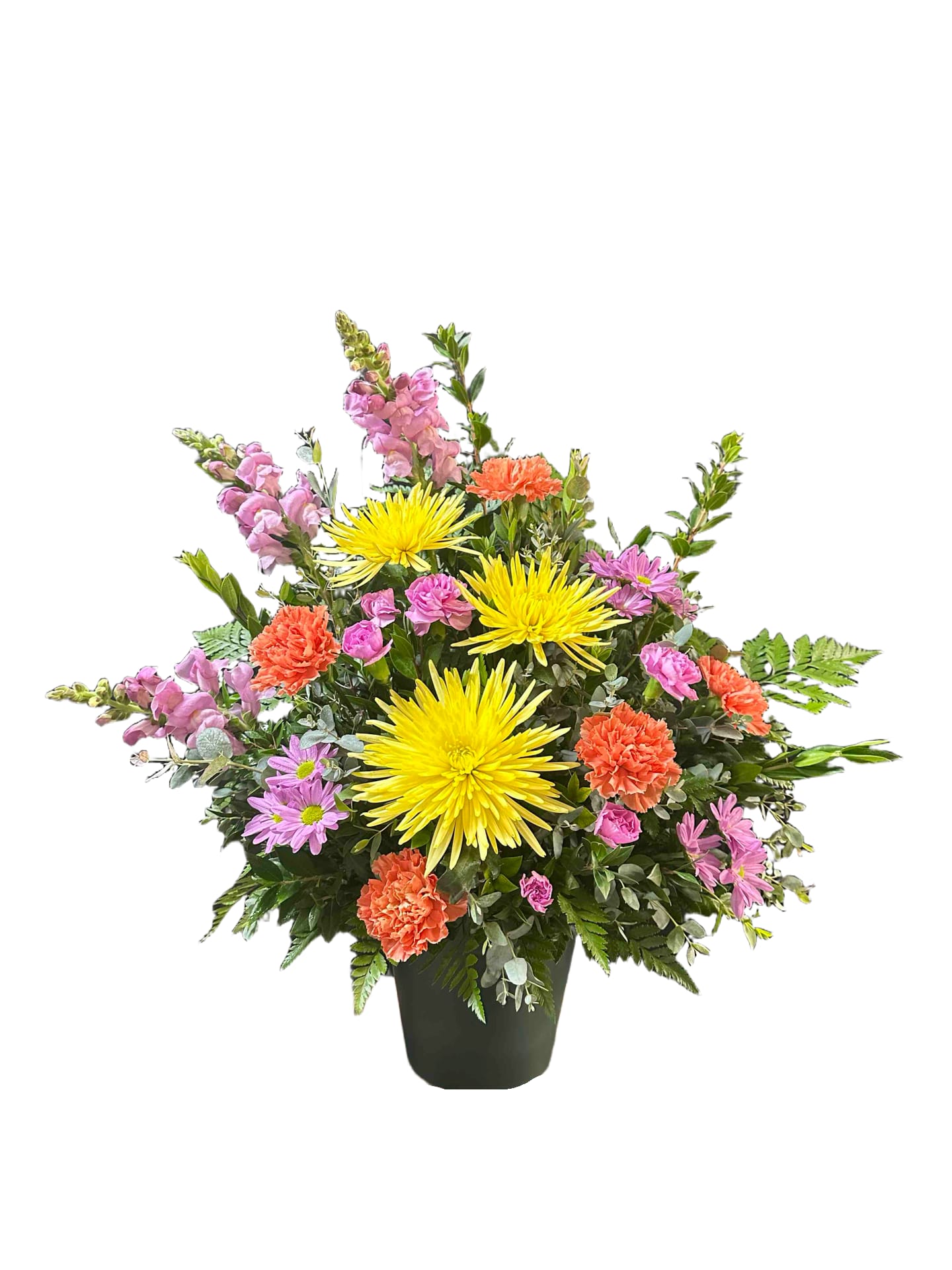 Colors of Life Bouquet - Bright sympathy arrangement with yellow, orange, and purple flowers