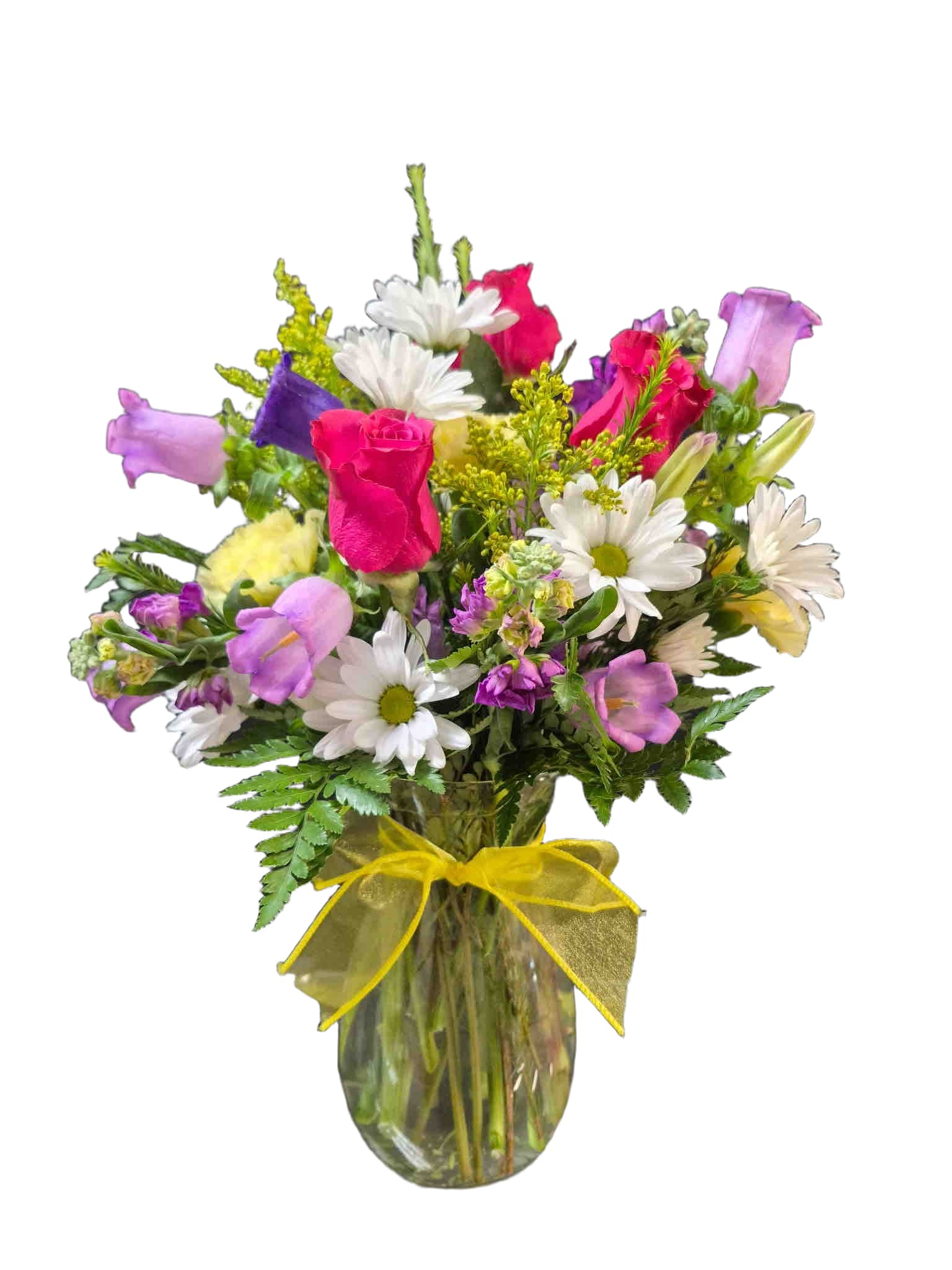 Sweet Happiness Bouquet - Adorable mix of pink roses, purple stock, and yellow carnations