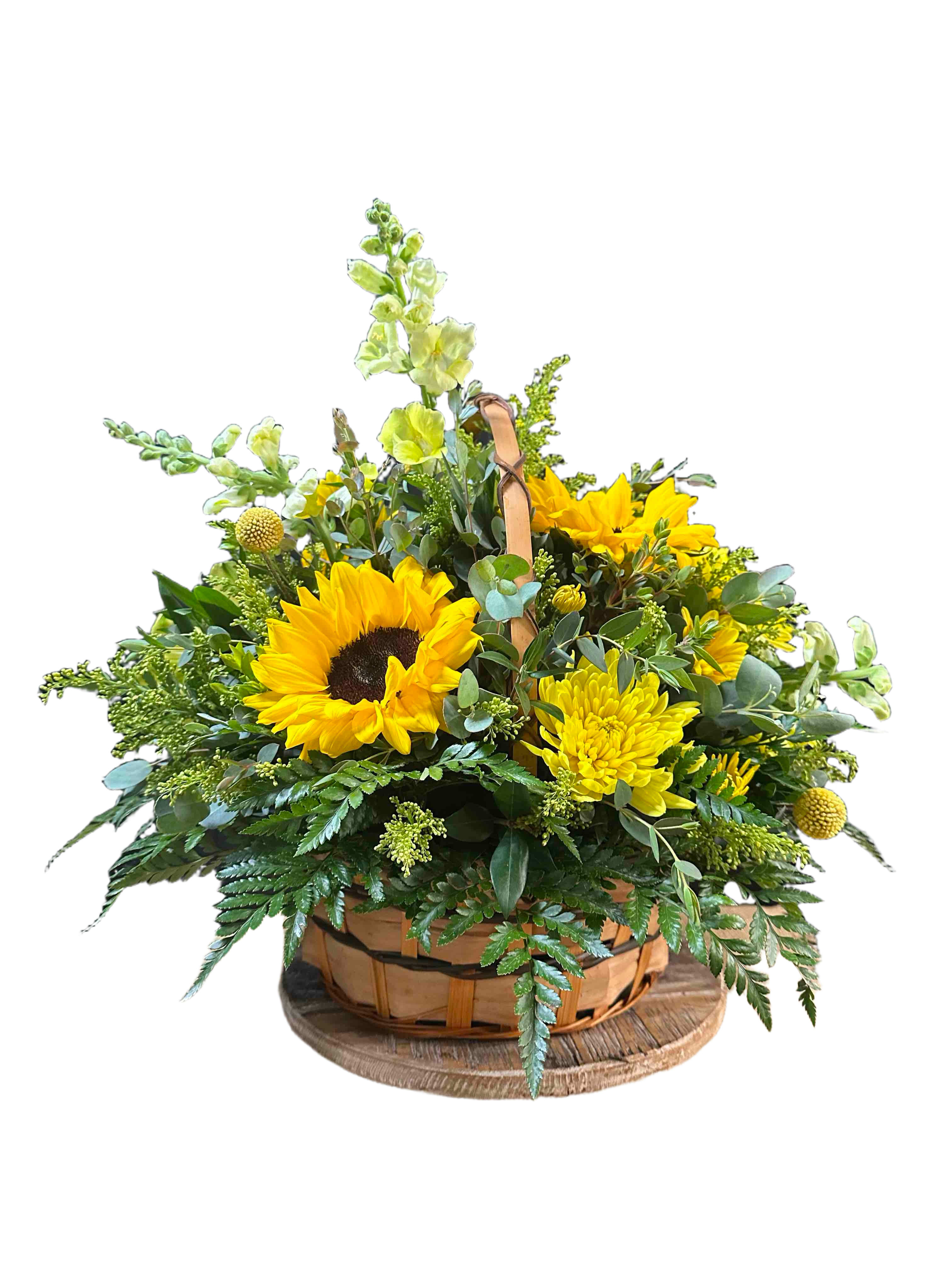 Sunny Day Bouquet - 8" basket with sunflowers, cremons, and snapdragons.
