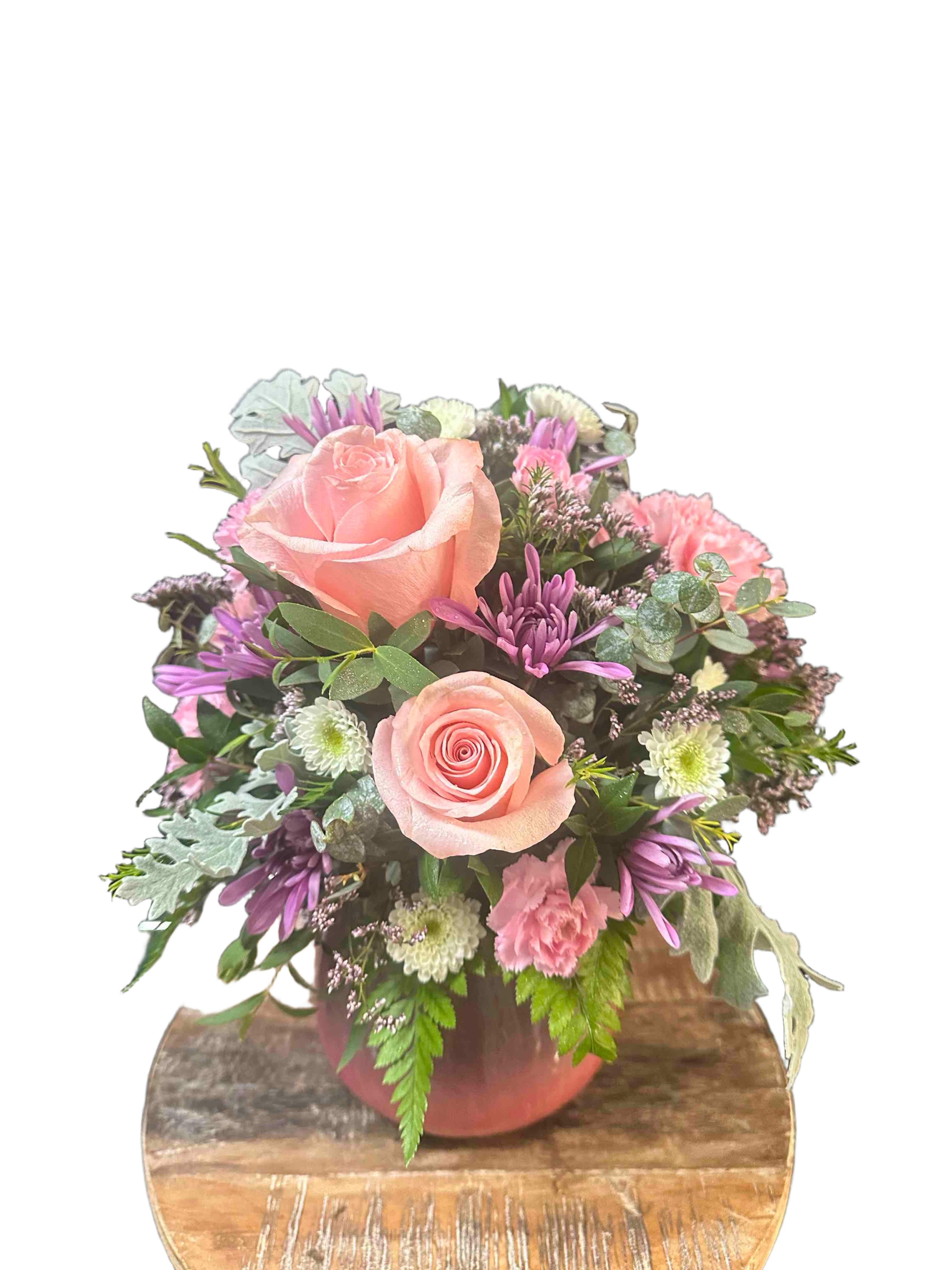 Playfully Pastel Bouquet - Fun mix of pink, white, and purple flowers including roses and carnations.