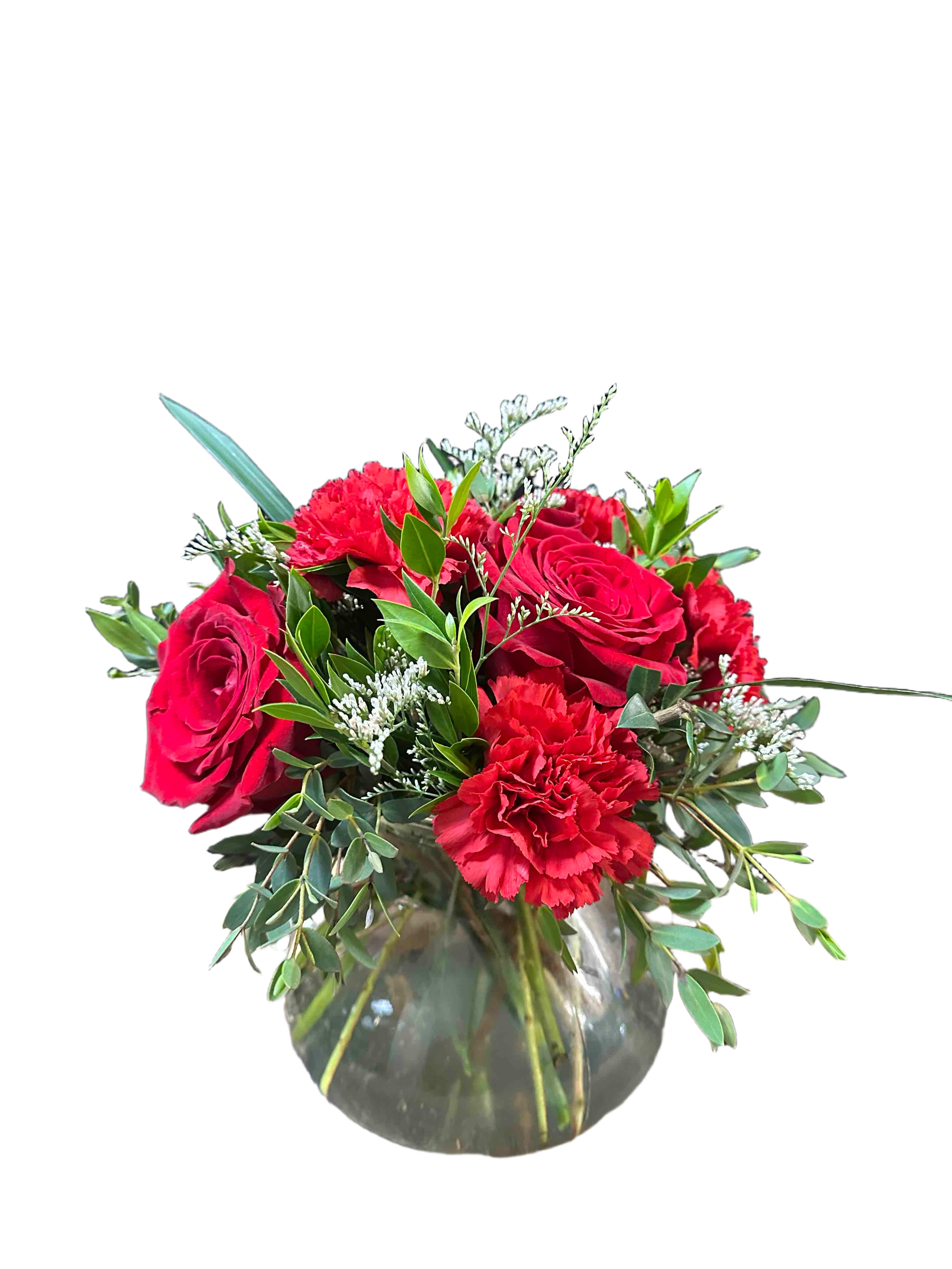 Radiant Red Bouquet - Gorgeous small bouquet with red roses and carnations