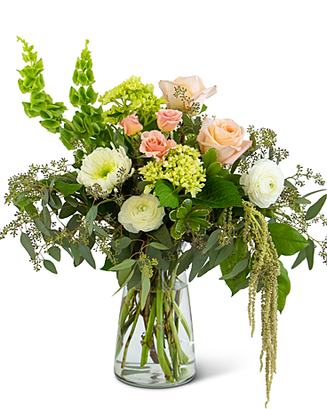 Graceful Nature Vase - The Graceful Nature Vase is a work of art. Bells of Ireland, Mini Hydrangea, Roses, Chrysanthemum Cremones, Ranunculus and Amaranthus are arranged by our designers to express your heartfelt sentiments. 