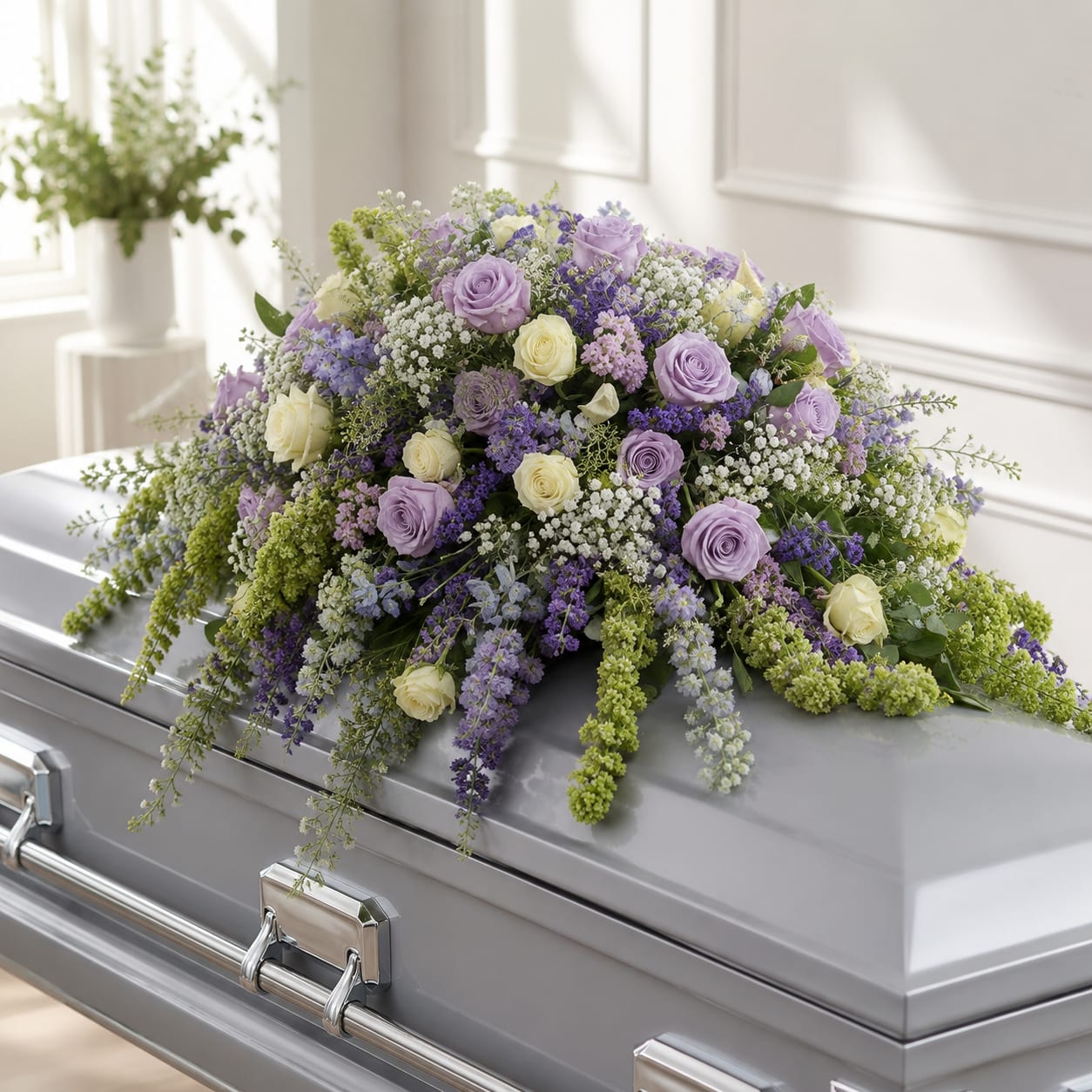 John Henry Sympathy Casket -  Pet Friendly? No This arrangement contains Carnations, which are toxic to both dogs and cats if ingested.  Keep this tribute on its standing easel and away from floor level to avoid contact with household pets.   Human Allergy Note : Pollen Alert. This arrangement contains Carnations and Ireland, which can trigger hay fever or asthma in sensitive individuals. We recommend placing the wreath in a well-ventilated area and avoiding direct contact with linens.   Care &amp; Longevity : Since this wreath is built into floral foam, it requires consistent hydration to stay fresh. Gently mist the blooms daily and pour a small amount of water into the back of the foam ring every 24 hours. Keep the arrangement in a cool area away from direct sunlight or heating vents to prevent the Roses from wilting prematurely.   Best Occasions &amp; Situations : - Funeral services - Celebration of life ceremonies - Church memorials - Graveside tributes - Expression of deep sympathy - Veteran honors (white symbolizes honor)   Why Customers Love It : - Symbolic Shape: The circular design represents eternity and everlasting memory. - Color Purity: The all-white palette is universally appropriate for traditional services. - High Visibility: Large enough to be seen clearly during large memorial gatherings. - Gift-Ready: Arrives pre-mounted on a sturdy wire easel for immediate display.