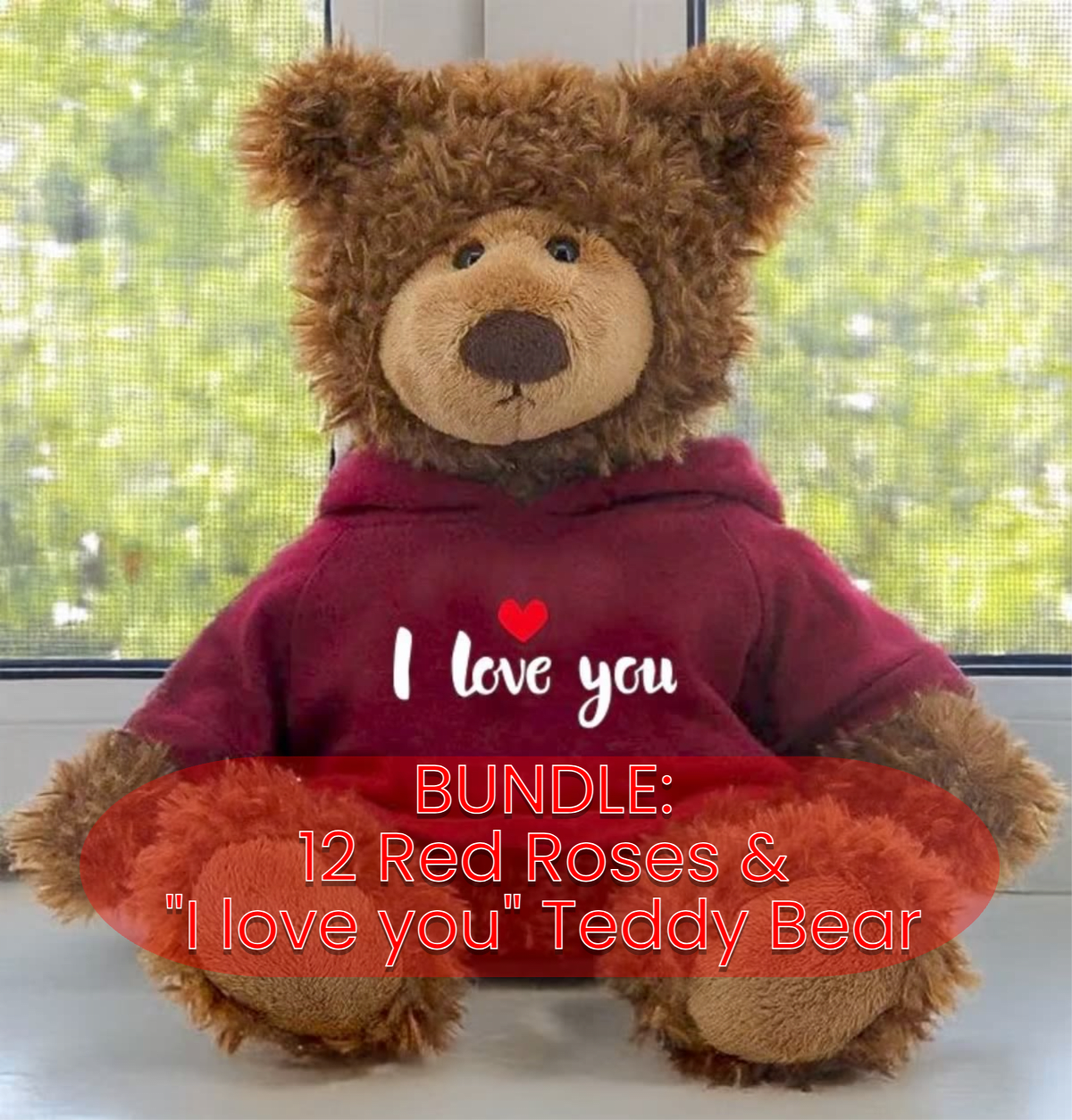 Bundle | Classic Dozen Long-stem Red Roses w/ I Love You Plushie - A classic dozen long-stem red roses arranged in a clear textured glass vase-this romantic bouquet pairs timeless red roses with lush green foliage and a cuddly brown teddy bear in a maroon hoodie printed with "I love you." Perfect as a birthday surprise, anniversary gift, or Valentine's bouquet, the rich red blooms and contrasted greenery create a warm, passionate impression that makes the person you're thinking of feel cherished.  The arrangement presents about twelve full red roses gathered into a rounded, upright shape with mixed greenery filling the base and sides for a full, traditional silhouette. The clear textured glass vase gives a polished, clean finish and lets the long stems show through, while the soft brown teddy bear with tan paws and muzzle sits separately as a sweet keepsake-its maroon hoodie adds a coordinating pop of color without overpowering the flowers.  A thoughtful choice for anniversaries, Valentine's Day, or just because, this bundle sends a clear message of love and affection; she'll feel truly seen when these classic roses arrive. Vase and bear are included for easy gifting; for best longevity, refresh vase water and recut stems every few days to keep the roses looking their best.