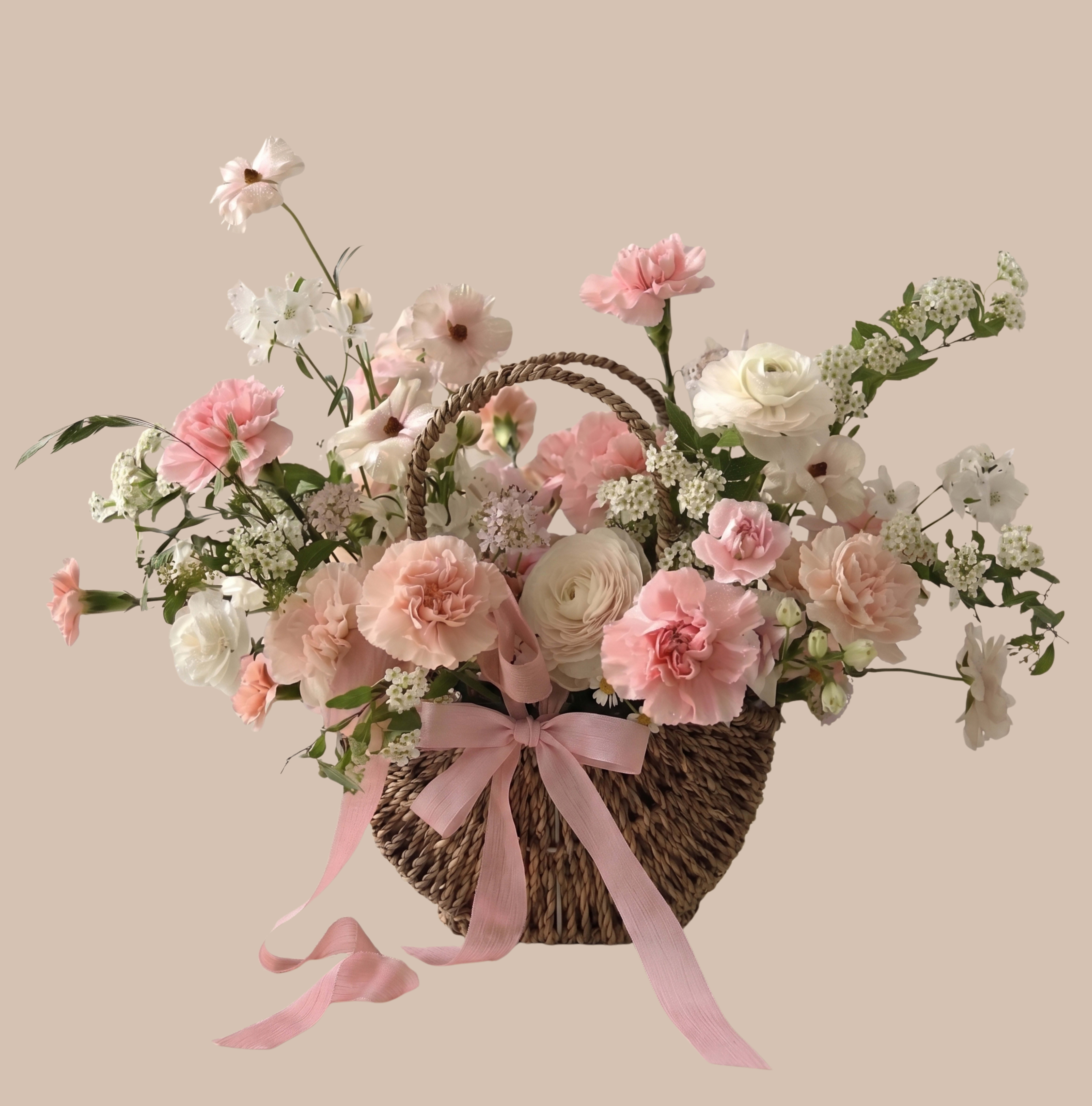 Pink Baby &amp; Basket - Soft blush pinks and warm ivory blooms spill from a woven basket in this Baby Girl basket arrangement, a tender new baby gift that instantly reads as a warm welcome for a nursery or an elegant centerpiece for a baby shower. The overall effect is romantic and delicate-airy, garden-style styling that makes the person you're thinking of feel genuinely cherished and seen.  Ruffled carnations and velvety ranunculus mingle with rose-like blooms, touches of delphinium, cheerful daisies, and small white filler flowers for layered texture and gentle contrast across pink, white, peach, and mixed tones. A wide pink ribbon tied to the front completes the hand-gathered look and reinforces the feminine palette. Sized to sit nicely on a side table or dresser, the arrangement invites close-up enjoyment of its soft textures and subtle color shifts.  Perfect for celebrating a newborn baby girl, marking a tender milestone, or sending a thoughtful thank-you or springtime surprise, this basket is meant to comfort and delight the recipient. For best life and appearance, keep stems in fresh water, place in a cool spot out of direct sun, and trim stems when rehydrating.