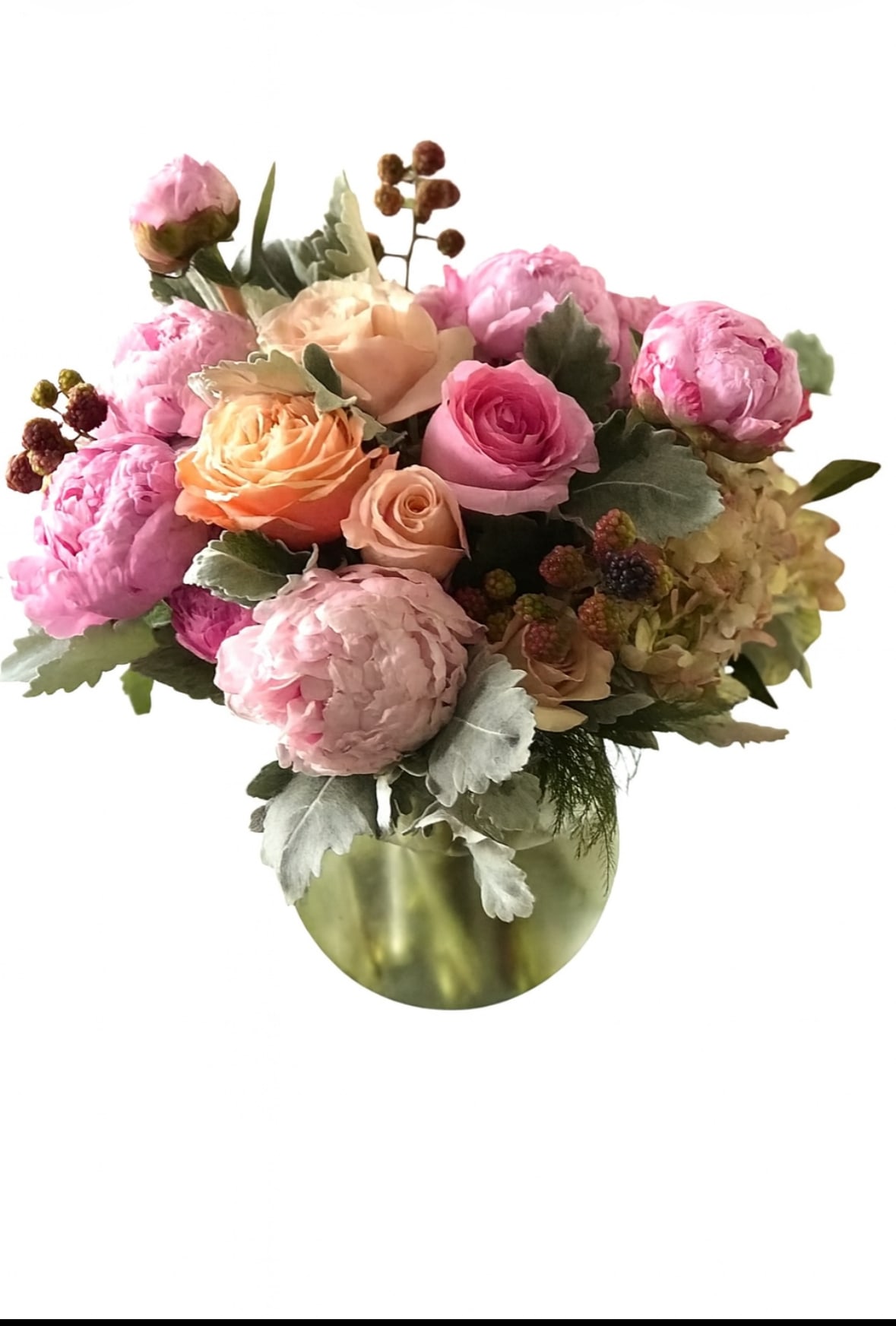 Blushing Garden  - Designed in a modern round vessel, this arrangement feels fresh, feminine, and effortlessly elegant—perfect for celebrating life’s sweetest moments or adding a touch of beauty to any space.