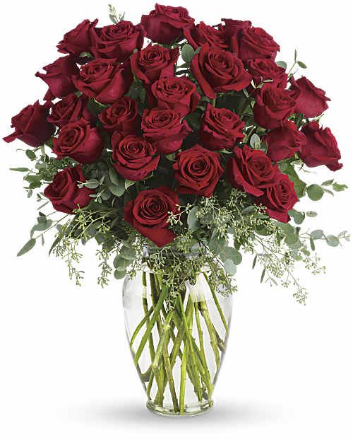 Forever Beloved - Forever beloved. Forever in your heart. Forever close to you. That is what this beautiful rose arrangement symbolizes. A shared life. Or a shared sacred moment. All will be dignified and beautiful with this loving gift of roses in a classic urn. 30 red roses are arranged with beautiful eucalyptus and a lovely ming vase. Say it with flowers, when no words will speak the feelings in your heart.