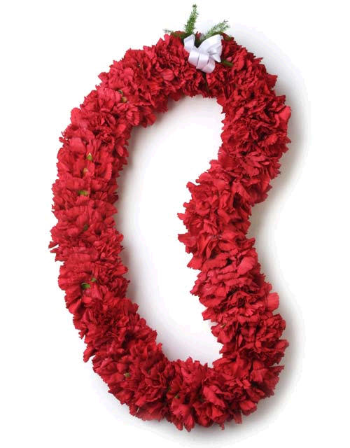 Red floral lei with a white ribbon bow