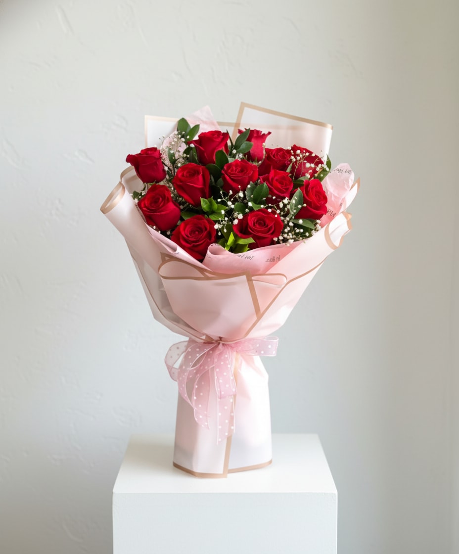 12 Roses - A timeless expression of love and elegance, our 12 Rose Bouquet features a dozen premium roses hand-selected for their beauty and freshness. Wrapped in our signature style, classic, romantic, and always in style.