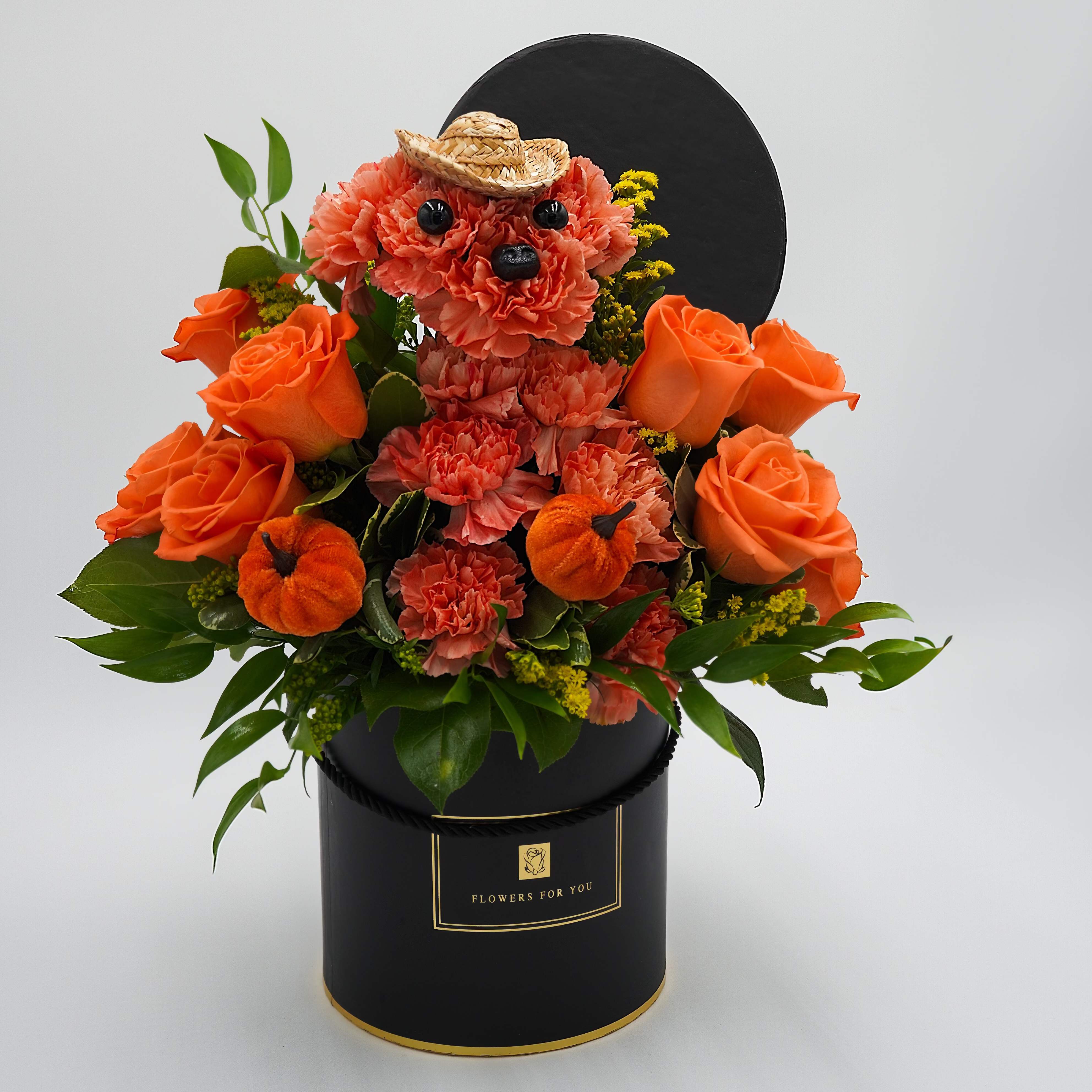 a-dog-able for fall - roses , carnations ,yellow aster 
