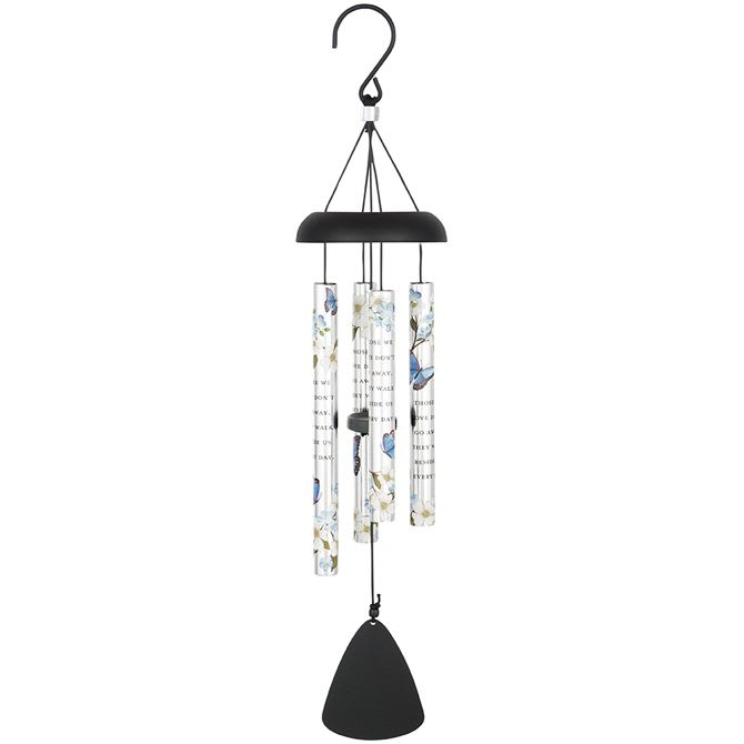 Hanging wind chime with floral-patterned tubes and a black clapper