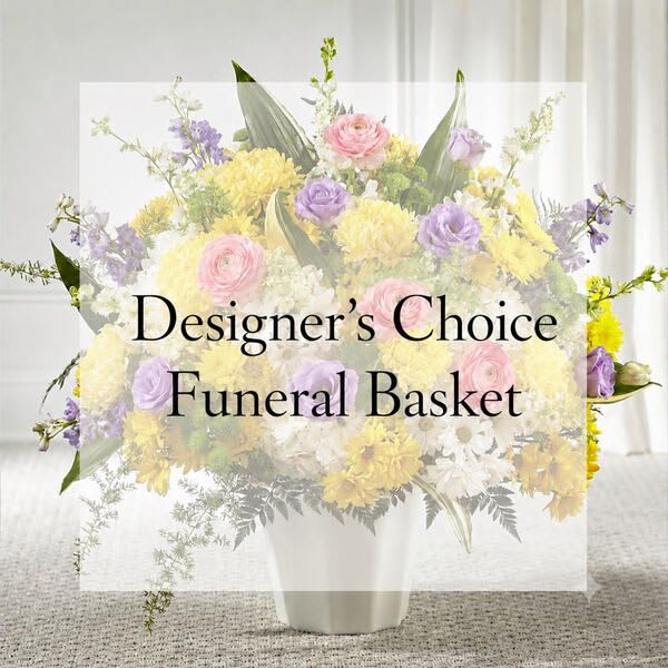 Designer's Choice Funeral Basket  - A thoughtfully crafted sympathy basket designed by our florists using a variety of seasonal flowers, making every design one of a kind. A Traditional and meaningful way to express your condolences, offer comfort, and honor the memory of a loved one. 
