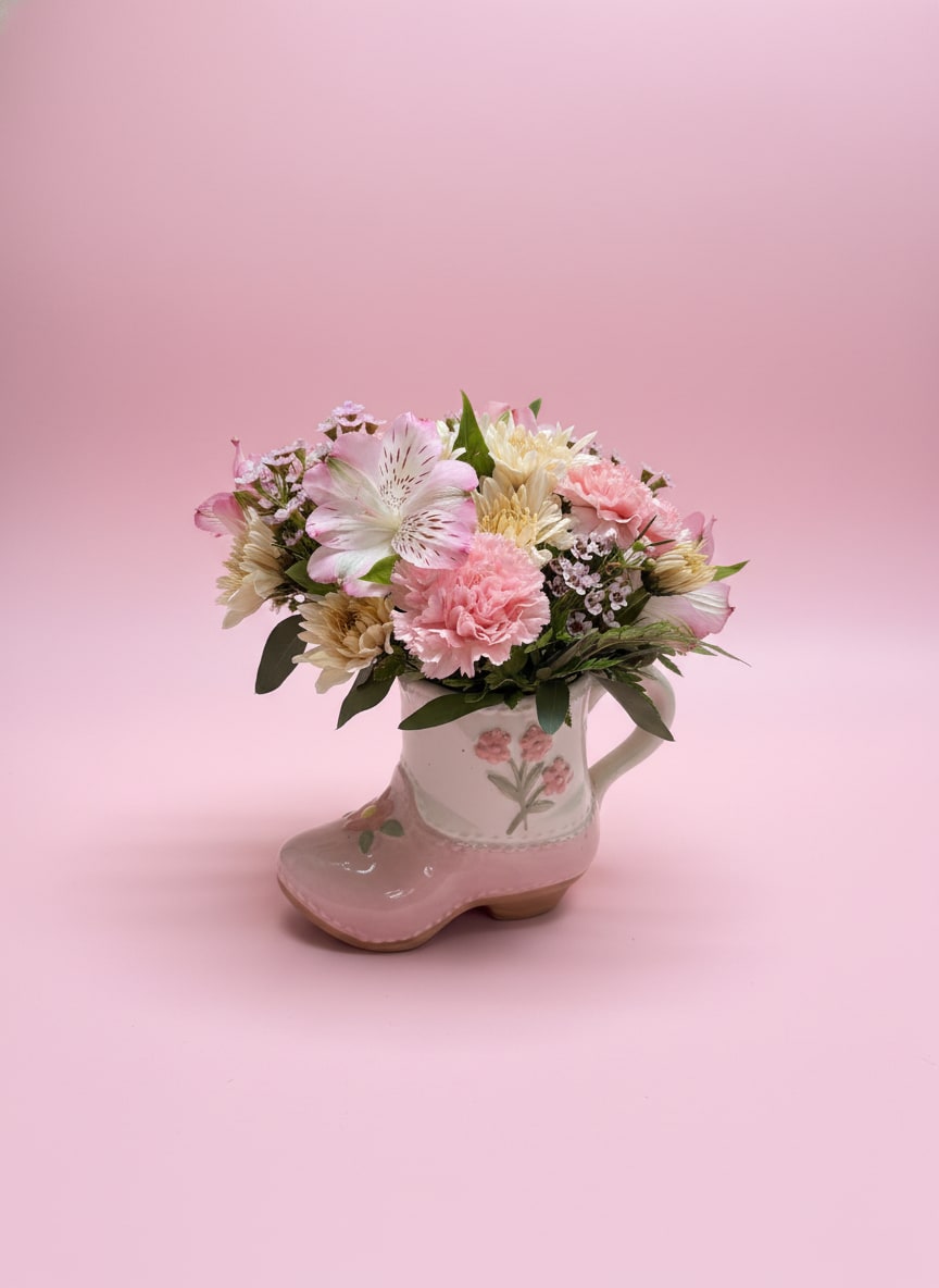 Pretty Little Rodeo - Pretty Little Rodeo brings a soft western daydream to life in a ceramic pink and white floral cowgirl boot container. Light pink alstroemeria sets a gentle, romantic tone, paired with airy ivory cushion mums, blush pink carnations, and sprigs of delicate pink waxflower for a light, textured finish that feels fresh and feminine.  Whimsical yet refined, this arrangement blends country charm with pretty-in-pink elegance—perfect for birthdays, bridal showers, or anyone who loves a subtle western aesthetic with a playful twist. The keepsake boot container adds a lasting touch of cowgirl sweetness long after the blooms have faded.  All flowers, floral colors, and containers are subject to change due to availability.