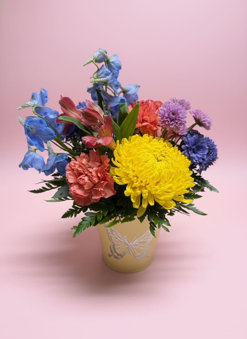 Whispering Wings - Bright, joyful, and full of movement, Whispering Wings is designed in a whimsical butterfly tin that feels like a little garden in full springtime swing. Light blue delphinium adds airy height, while soft pink alstroemeria and sunny yellow cremones bring warmth and charm. Blue cushion mums, lavender button poms, and vibrant orange carnations layer in playful texture and color, creating a cheerful mix that feels both fresh and unexpected.  This arrangement is perfect for birthdays, thank-yous, get-well wishes, or any moment that calls for a pop of happiness. Finished in a reusable butterfly keepsake tin, it’s a gift that keeps the feeling of a blooming garden alive long after the flowers are gone.  All flowers, floral colors, and containers are subject to change due to availability.