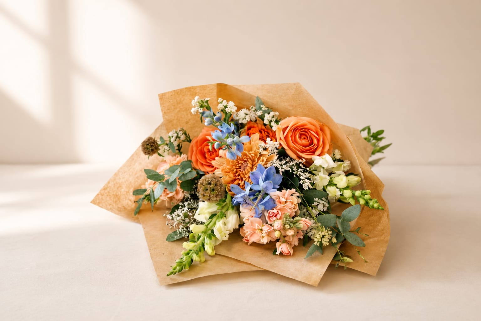 Primavera - Introducing Primavera – the perfect way to bring a touch of spring into your home! This beautiful wrapped bouquet is full of life and vivid colors, guaranteed to fill your special someone with joy. The cheerful mix of orange roses, white snap dragons, light blue delphinium and peach stock makes Primavera a feast for the eyes. It’s sure to bring sunshine into any room and make even the most somber winter day feel like springtime. Whether you’re looking for the ideal gift for friends, family or yourself, Primavera is sure to put a smile on anyone’s face. Get in the spring spirit with Primavera and let us help spread some sunshine today!