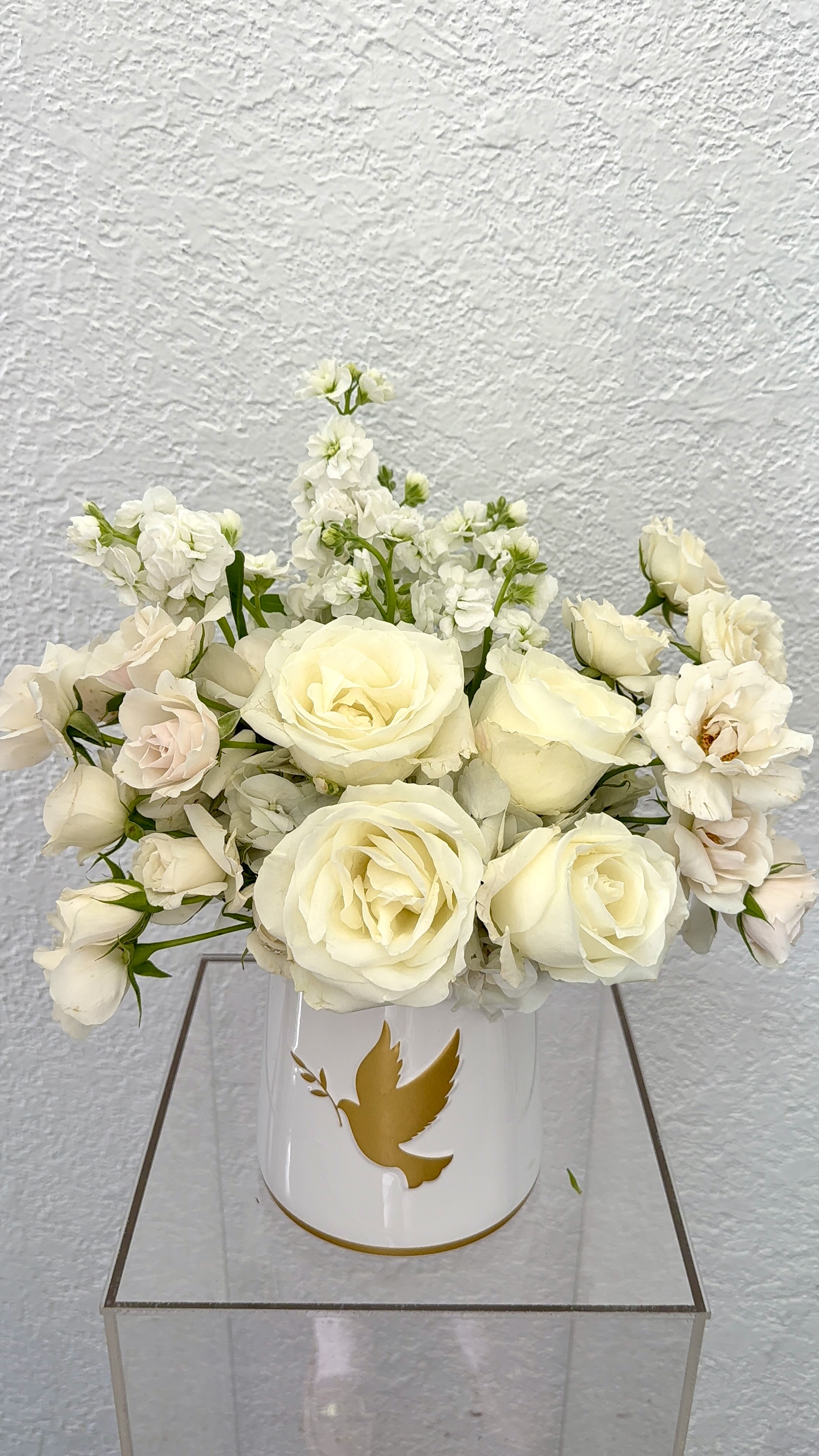 Wings of Peace - An elegant collection of ivory roses, blush spray roses, and white stock artfully arranged in a white ceramic container adorned with a golden dove. Wings of Peace offers a beautiful expression of comfort, remembrance, and faith while bringing a sense of tranquility to any space. 