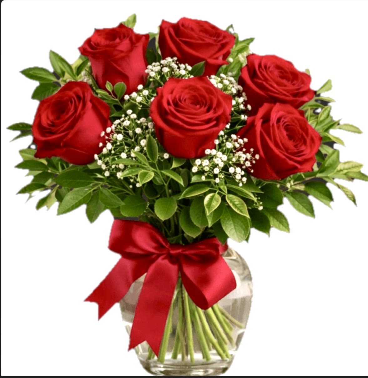 Half a Dozen Delight  - Six Vibrant red roses, elegantly arranged with lush greenery and delicate baby's breath. 