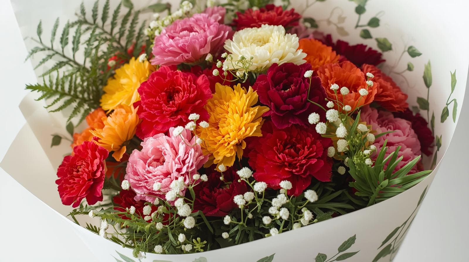 Bouquet of colorful carnations with baby's breath in white wrapping