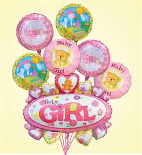 Bouquet of pink and white 'Baby Girl' themed foil balloons with teddy bears and storks