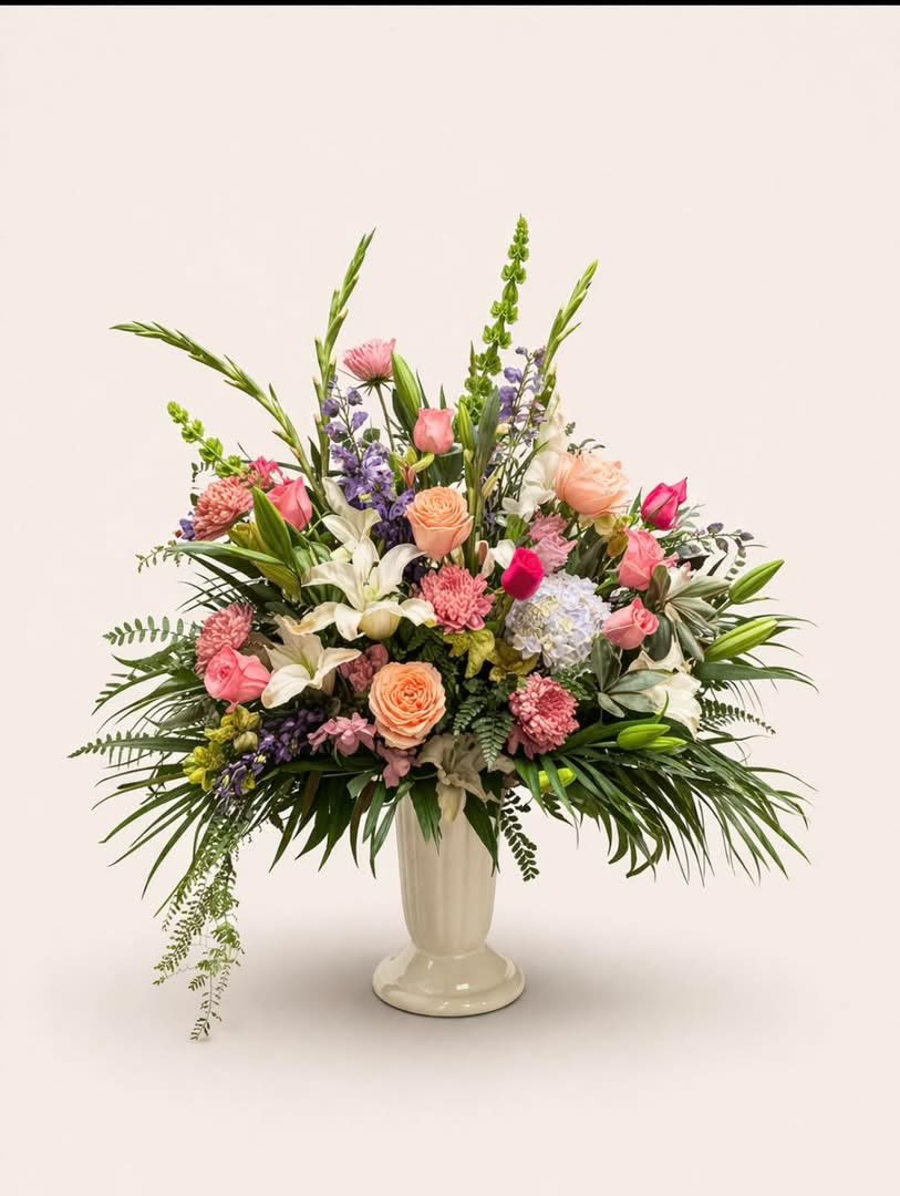 Serenity in Bloom - A lavish garden-inspired arrangement featuring premium roses, lilies, hydrangea, stock, and seasonal blooms artfully designed with lush greenery.