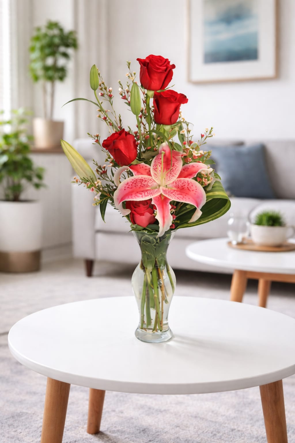 Red roses and pink lilies arranged in a clear glass vase