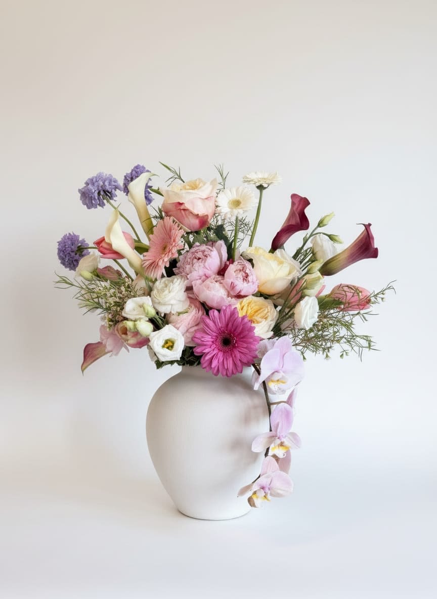 Blushing Garden Luxe - A luxurious garden-style arrangement featuring lush peonies, premium garden roses, elegant calla lilies, and cascading orchids elevated with other complimentary high-end stems designed in a modern ceramic bowl. Soft blush tones and delicate textures create a romantic floral, perfect for celebrations, heartfelt gifts, or a spring has sprung statement!