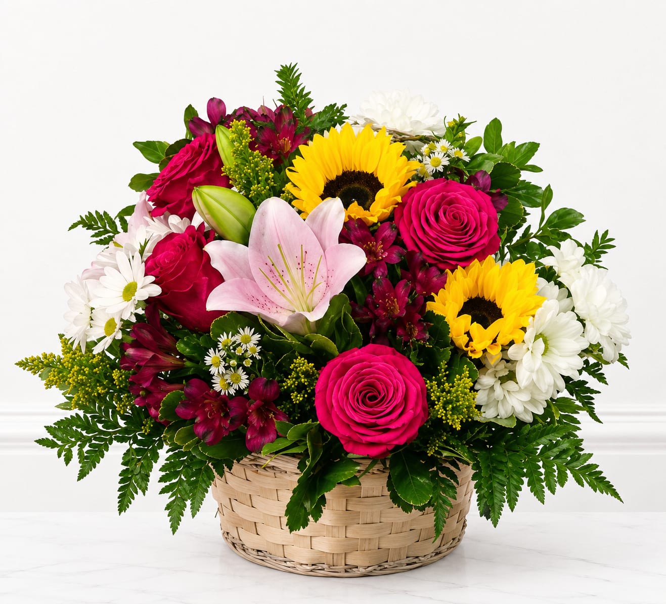 Bright and Cheerful Basket - Bright pink roses and sunny yellow sunflowers make this cheerful flower arrangement an instant mood-lifter - perfect as a birthday bouquet, a thank-you gift, or a get-well surprise. The rounded basket design feels like a little garden brought indoors, so the person you're thinking of will feel genuinely seen and uplifted by the saturated pinks, crisp whites, and pops of deep magenta.  This full, compact arrangement mixes roses, sunflowers, a pale pink lily, white daisies, alstroemeria, and chrysanthemums in a woven basket for a warm, casual presentation that's easy to place anywhere. The color palette of pink, yellow, white, and purple creates lively contrast and texture, while the basket adds a gift-ready touch - no extra vase required. Ideal for brightening a bedside table, office desk, or kitchen counter; enjoy simple care by keeping stems in fresh water and away from direct heat.