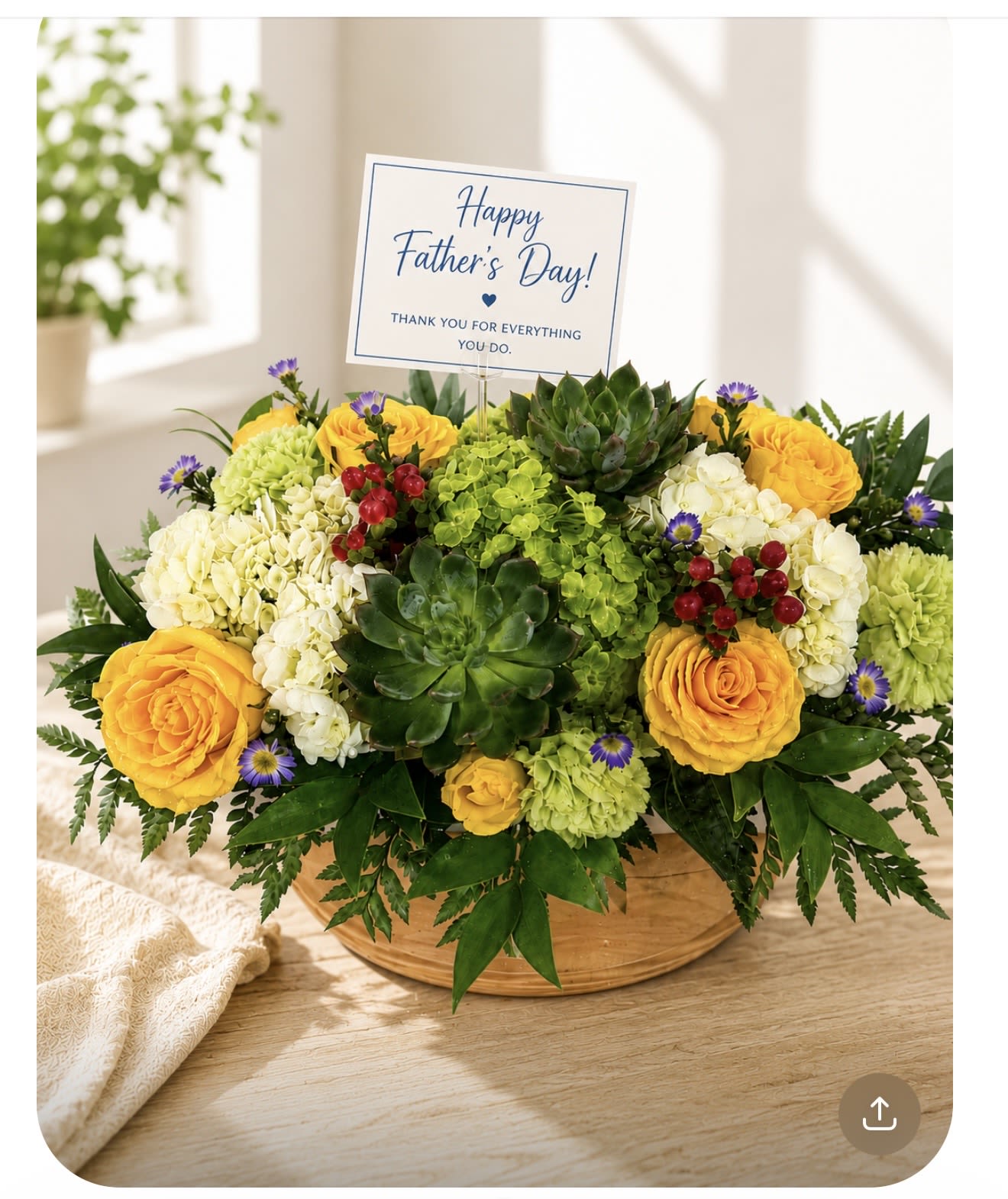 Sunshine Serenity - A beautiful blend of golden roses, lush hydrangeas, vibrant green carnations, succulents, and seasonal accents arranged in a natural basket. This elegant design symbolizes appreciation, joy, and gratitude, making it perfect for Father's Day, birthdays, anniversaries, thank-you gifts, or any special occasion Colors and flower varieties can be customized to suit your occasion and style