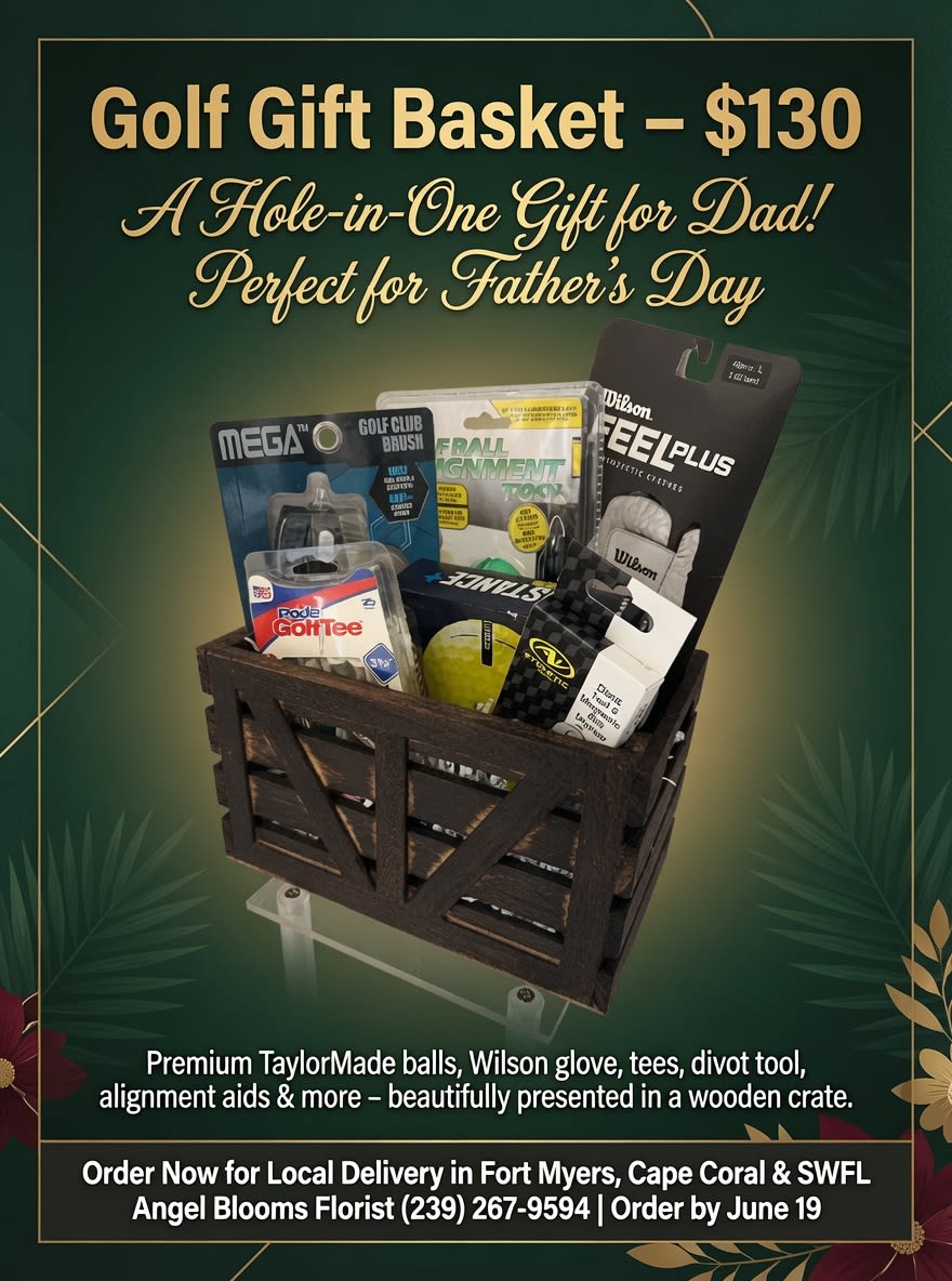 Golf Lovers Gift Basket - Surprise the golf enthusiast in your life with a sporty Father's Day gift basket that looks like it was made for the clubhouse. This golf-themed flower arrangement pairs fresh, green-hued blooms with practical golfing gear in a dark wooden crate-an ideal Father's Day or birthday gift for the golfer who appreciates both style and utility. The mix of green, black, white and pops of yellow reads both celebratory and masculine, so the person you're thinking of will feel seen and ready for their next round.  Inside the dark wooden crate you'll find a thoughtfully arranged cluster of seasonal green and white flowers set against a green backdrop, surrounded by packaged golf accessories: golf balls, a glove, tees, a divot tool, alignment aids and a golf brush, plus other small packaged items. The clean, sporty color palette and gold-accented lettering give the presentation a polished, gift-ready look that lands as both decorative and useful. Dimensions follow the crate size and arrangement proportions to make an impact on a side table or entryway.  This is the kind of gift that says "I picked something made for you"-perfect for Father's Day, a golf milestone, or to celebrate a big tournament. The included accessories mean he can use the gear right away; care for the flowers as you would any mixed arrangement-keep water fresh and trim stems every few days-to keep the display looking crisp throughout the week. Order early to ensure timely delivery for the occasion.