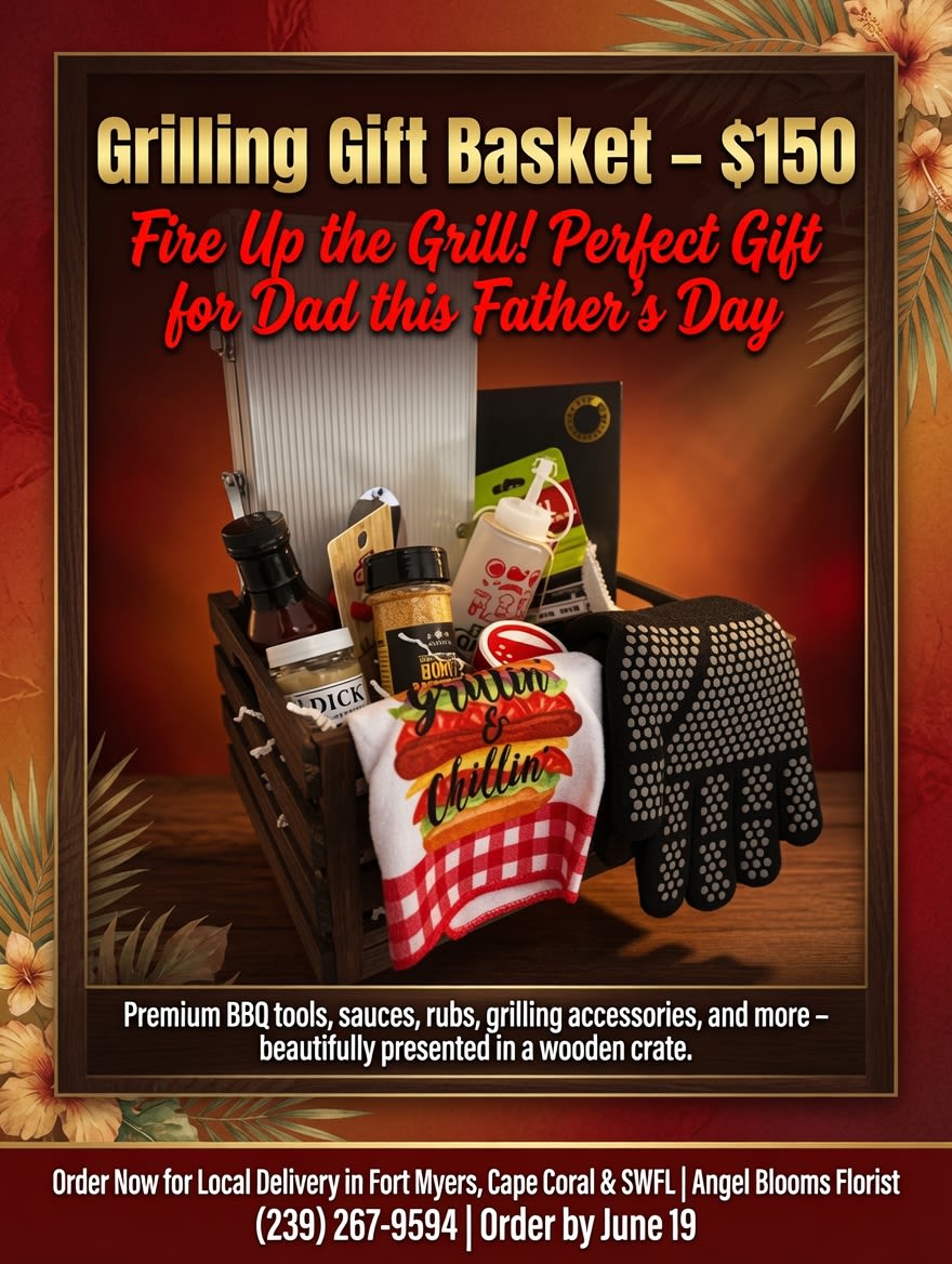 Grilling Gift Basket - A bold, backyard-ready gift that celebrates the grill master in your life: this flower arrangement-style grilling gift basket is presented in a rustic wooden crate and styled with a red, black, white, and warm brown palette perfect for Father's Day or a casual cookout. While not a traditional bouquet, the display combines useful grilling items with floral accents to create a confident, masculine gift that says "you're the best at the grill" without being fussy.  The crate is filled with BBQ sauces, a seasoning rub jar, grilling tools and accessories, a printed kitchen towel, a pair of black oven mitts with white dots, and a gift card tucked among the contents for a personal message. The textures - smooth sauce bottles, the woven towel, rugged mitts and the wooden crate - give the presentation a handcrafted, practical feel that looks great on a patio table or in a garage.  Perfect for dads, husbands, or any backyard chef celebrating a birthday, Father's Day, or a housewarming, this arrangement is the kind of gift that makes the recipient feel appreciated and ready to fire up the grill. Order with delivery timed for the cookout or holiday; care is simple - leave packaged items sealed until use and display the crate as a decorative serving caddy until the grilling begins.