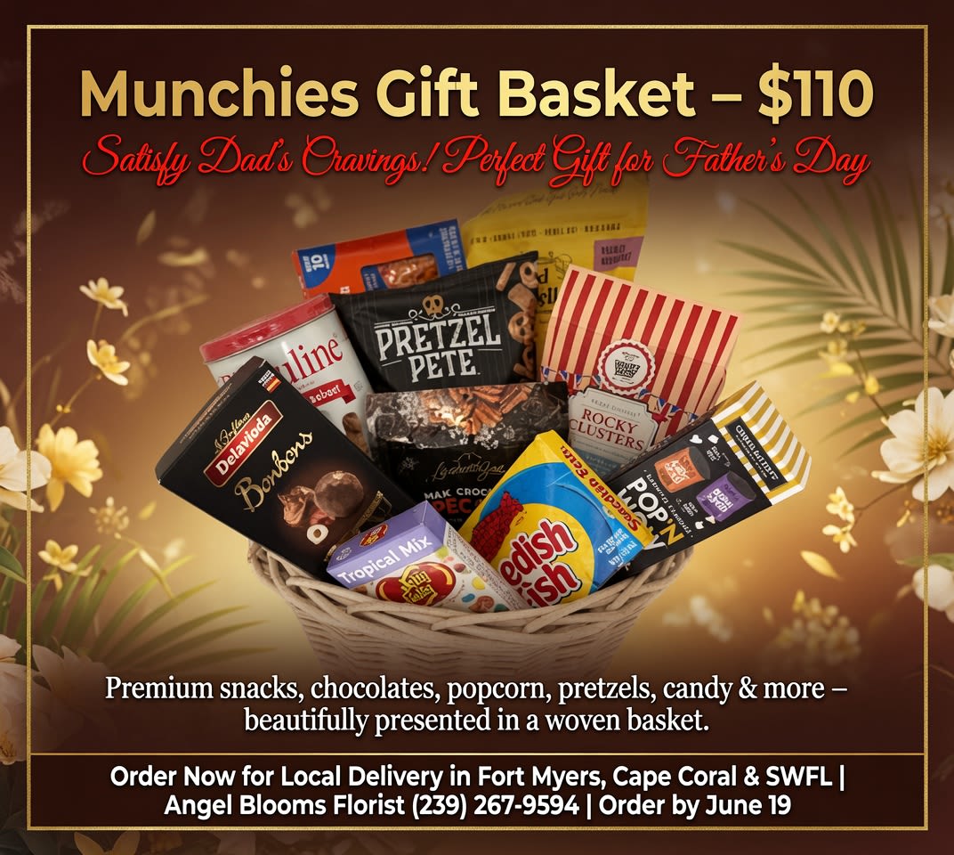 Munchies Gift Basket - Packed with savory and sweet treats, this Munchies Gift Basket is a cheerful snack-filled gift that's perfect for Father's Day or any celebration that calls for comfort and indulgence. The mixed-color selection of candies, chocolates, popcorn, and pretzels sits in a sturdy woven basket, creating a bold, gift-ready presentation that says "relax and enjoy" to the person you're thinking of.  Inside you'll find an assortment of packaged snacks and candy boxes arranged against warm brown and gold tones for a festive look. The basket includes multiple popcorn bags, pretzel packages, assorted chocolates and candy-hand-picked to deliver variety and immediate snacking pleasure. The woven basket adds a reusable touch that can be repurposed after the goodies are gone.  This is an ideal pick for dads, friends, or coworkers who appreciate casual treats-use it as a Father's Day surprise, a thank-you gift, or a cozy pick-me-up. No special care required; the basket ships ready to gift and is meant to be enjoyed right away.