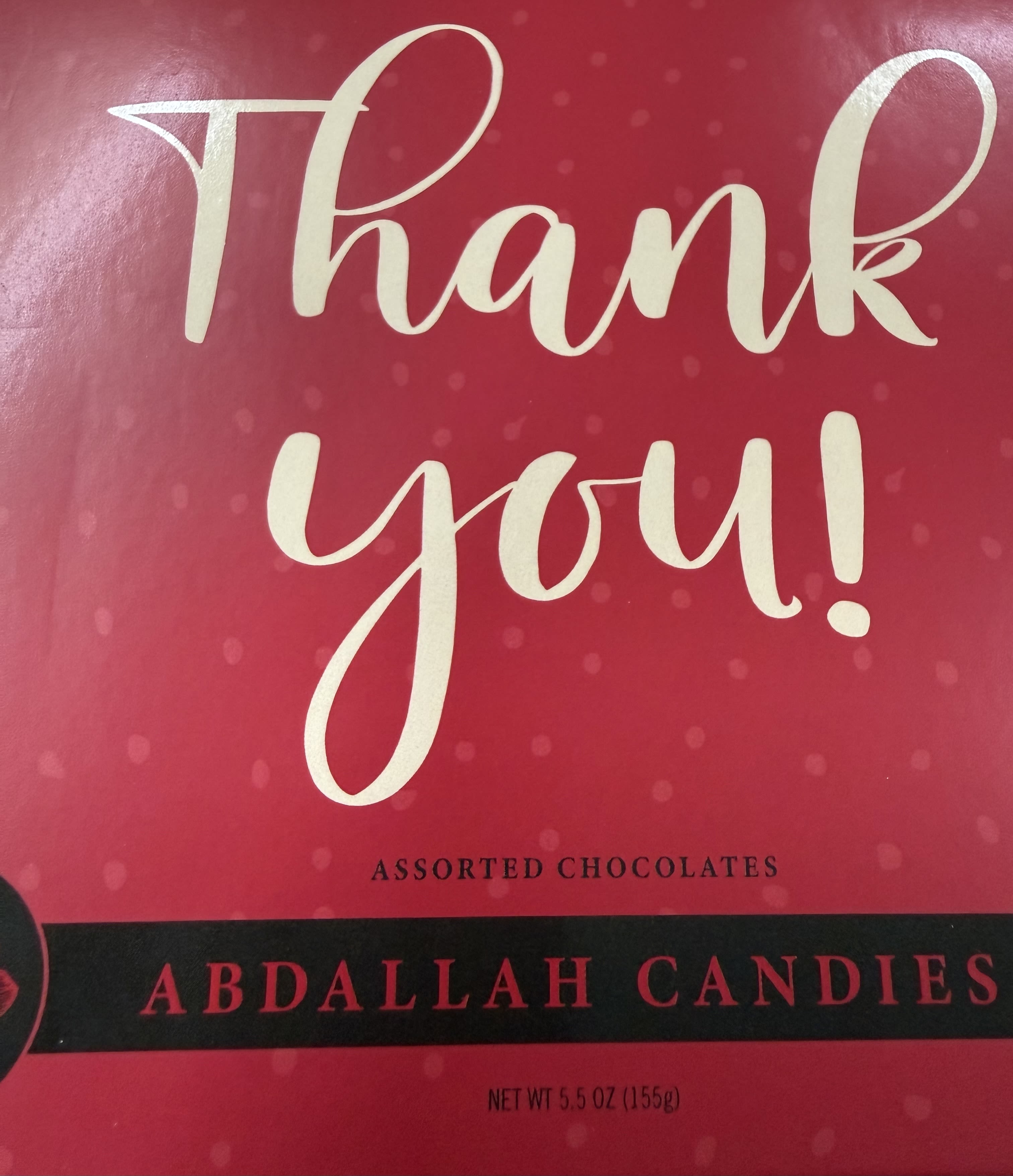 Abdallah Thank You Chocolates - 5.5 oz box of Abdallah chocolates containing an assortment of sea salt caramels, raspberry creams, pecan caramels, double dark fudge, and butter almond toffee.