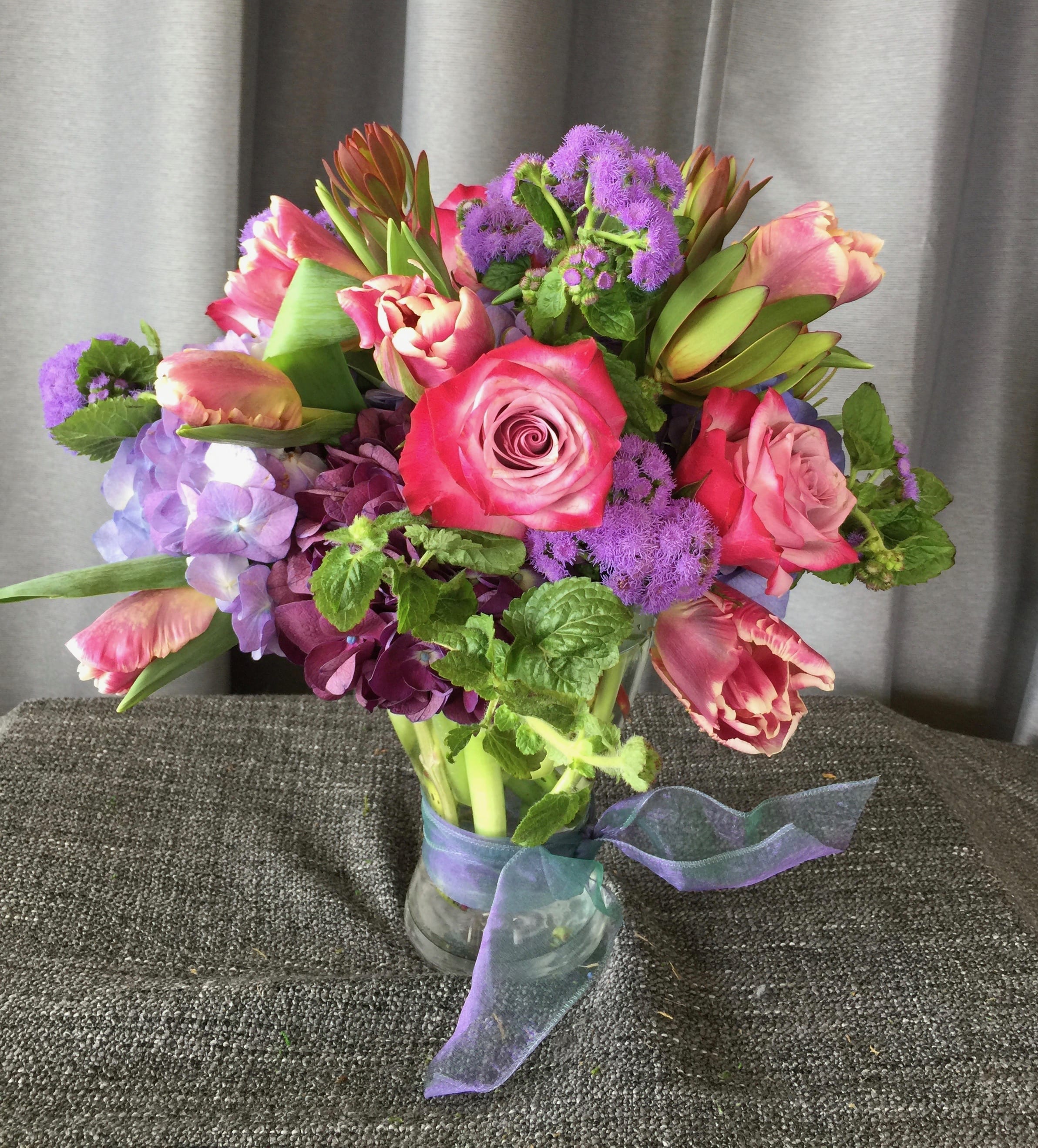 Earthy Goodness  - Dense Vased Arrangement of Hydrangeas, Roses and Tulips
