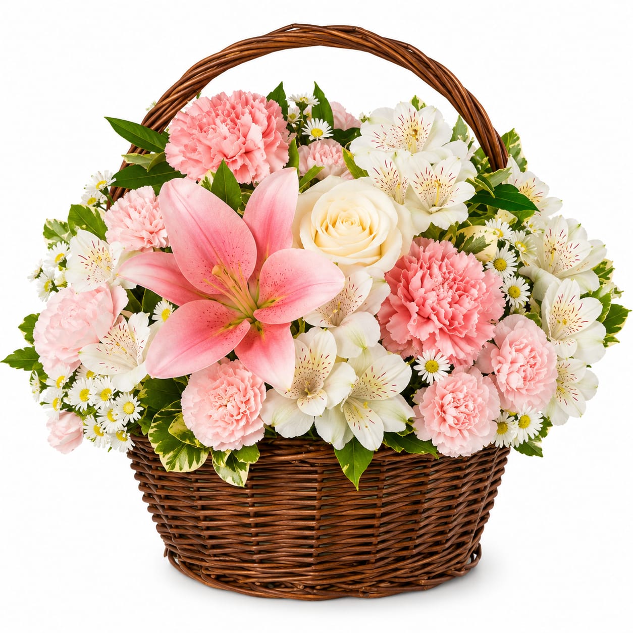 Pretty Pink Basket  - A hand-gathered round wicker basket overflowing with soft pinks, crisp whites and fresh greenery creates an instantly cheerful anniversary or birthday gift that reads both romantic and gently playful. The arrangement feels like a personal bouquet from a friend-perfect for saying "I'm thinking of you" for a get well, thank you, I'm sorry, just because, or love-and-romance moment.  A large pink lily anchors the center, surrounded by roses, carnations, alstroemeria, tulips, gerbera and small daisy-like fillers for a layered, textured look that's full but airy. The pink and white palette is bright without being fussy; the wicker basket adds a rustic, homey touch that suits spring celebrations or everyday gifting. Sized to sit on a table or bedside, this arrangement arrives ready to display-simply place in a cool spot out of direct sunlight and change the water daily to help flowers last.