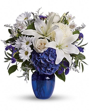 Beautiful in Blue - In this arrangement, the serenity of the color blue along with the purity of intention symbolized by white will let the family know you are sending your calm strength to them during these difficult times. Blooms such as crÃ¨me roses, graceful white oriental lilies, white alstroemeria, a white disbud mum, purple statice and lavender limonium are accented by seeded eucalyptus and salal in a stunning cobalt blue glass vase..