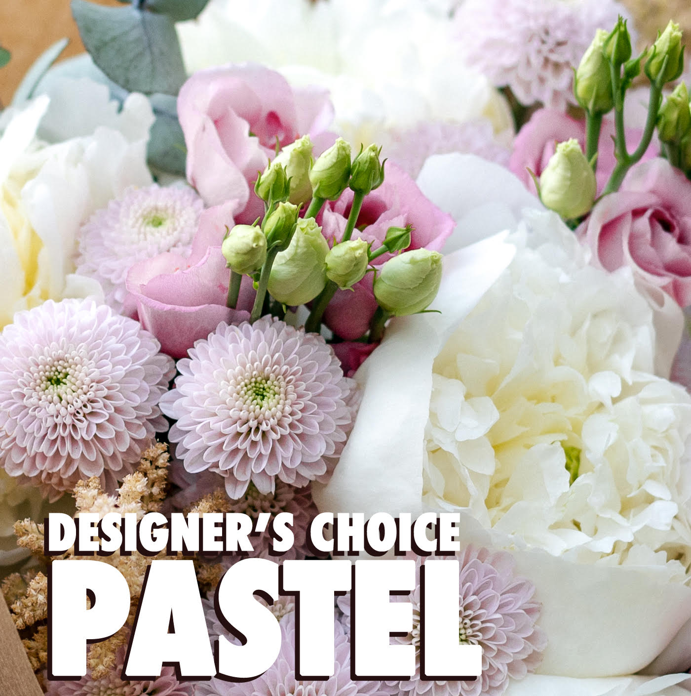Pastel bouquet with white peonies, pale lavender mums, and pink lisianthus blooms and buds