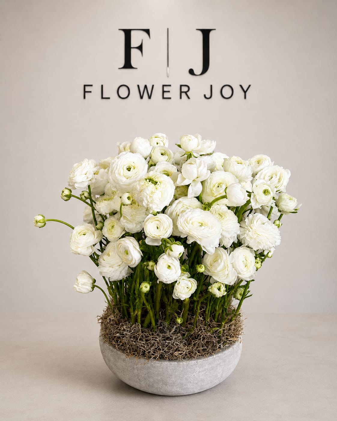 White Harmony - A clean and elegant arrangement of white ranunculus, featuring delicate layered petals in soft ivory tones. Designed in a natural, airy composition and set in a modern stone bowl with subtle moss accents, this piece brings a fresh, refined look—perfect for sophisticated décor or timeless gifting.
