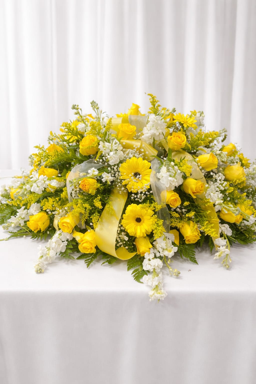 Carolyn memories  - Sunlit yellow roses and cheerful yellow gerbera daisies take center stage in this low, wide flower arrangement-perfect as a bright sympathy spray, a spring celebration bouquet, or a heartfelt thank-you gift. The yellow-and-white palette reads sunny and uplifting, while the broad, grounded shape gives it a polished, formal presence that will make the recipient feel comforted and truly noticed.  Dense clusters of stock and small white filler flowers add soft texture and gentle contrast against fresh green foliage, with neat yellow ribbon loops woven through the blooms for a finished look. The compact, layered composition sits low and wide, making it an ideal centerpiece for a table or a standout delivery to brighten someone's day; its colors and form work equally well for spring events, everyday displays, or moments when you want to say "you're in my thoughts.  If any design elements are of major importance to your order, please include them in the florist instructions at checkout or contact us to ensure availability.