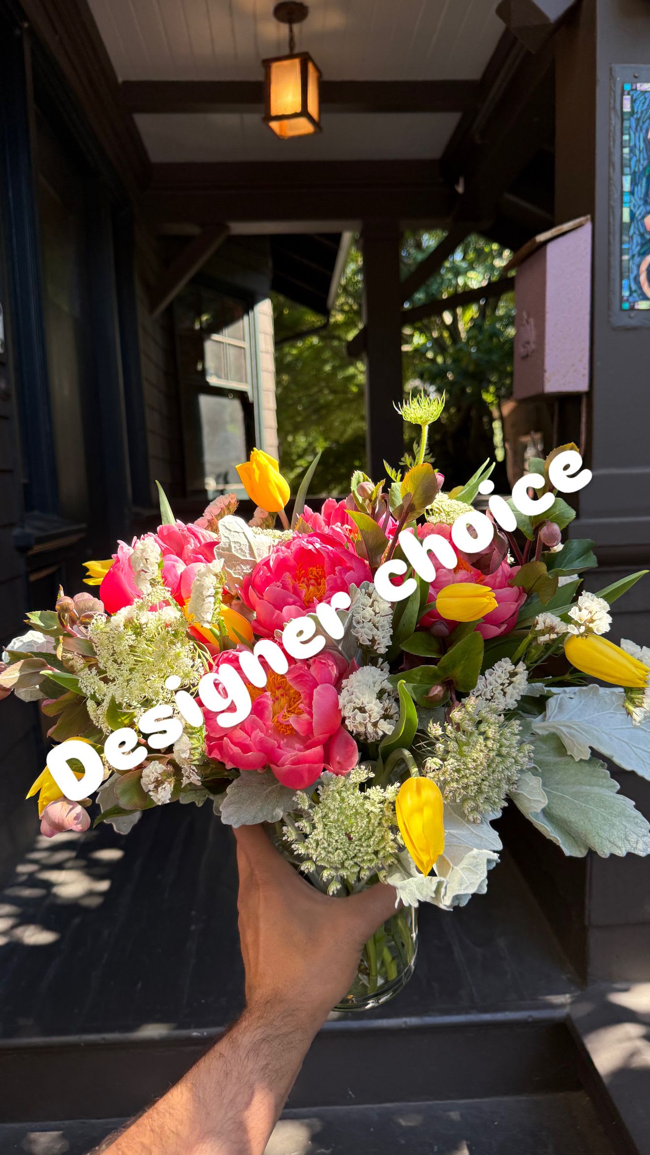 Designer choice - Seasonal colors could be used, depending on what season the order placed for delivery. I would never use any dye color flowers.