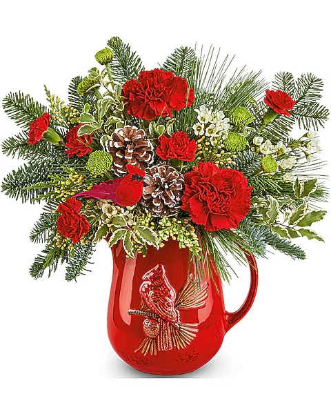 Red carnations and pinecones arranged in a red pitcher vase