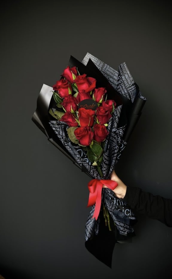 Romantic Hand Bouquet - 1 Dozen Red Roses wrapped in sleek black floral paper