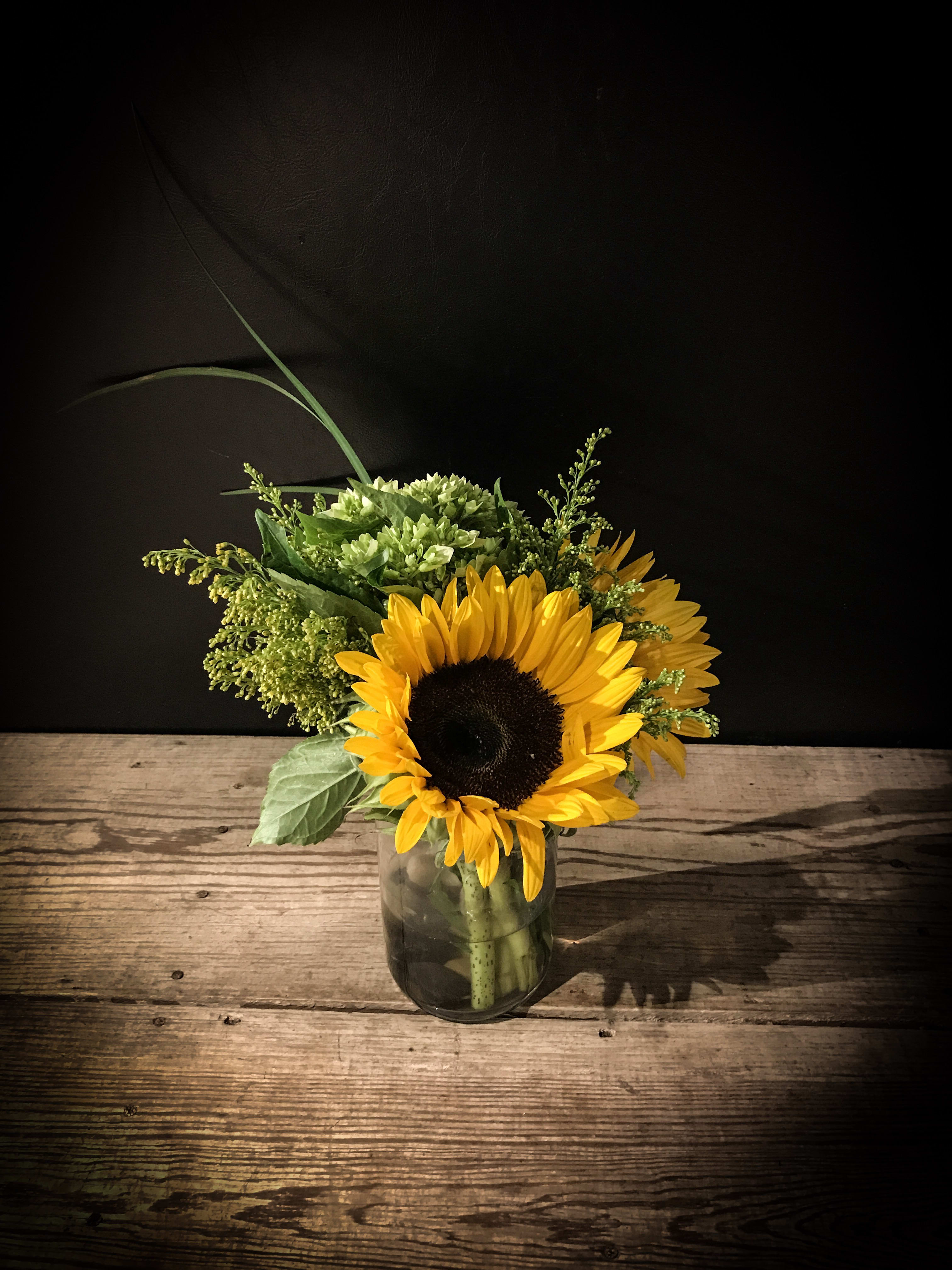 Sunflowers arranged in a glass vase with green filler flowers