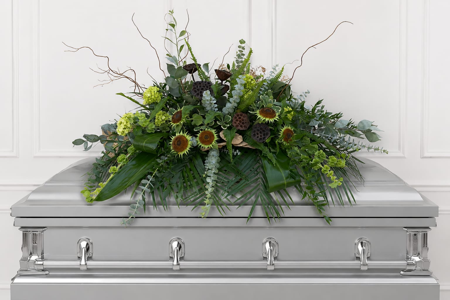 Thoughts of You Casket Spray - A serene cascade of pale green hydrangeas and small sunflower heads creates a comforting presence over the silver casket-perfect as a sympathy casket spray to honor a treasured life. Thoughts of You Casket Spray reads as a natural, subdued memorial piece that will help the person you're remembering feel deeply seen and respectfully celebrated during the service.  This large, low spray spreads broadly across the top of the casket with a dense mix of green foliage, clusters of pale green hydrangea, and touches of  sunflower centers. Dark lotus pods and delicate decorative branches provide contrasting texture and vertical interest, while the muted blue-green tones and airy accents keep the overall look calm and restorative. Designed to rest atop a silver casket, the arrangement balances fullness with a graceful, horizontal silhouette.  Appropriate for a funeral or memorial service, this spray conveys sympathy and quiet strength-an elegant way to express your condolences to family and friends. Please let us know any personalization requests or casket specifications when ordering so we can ensure proper sizing and placement for the service.