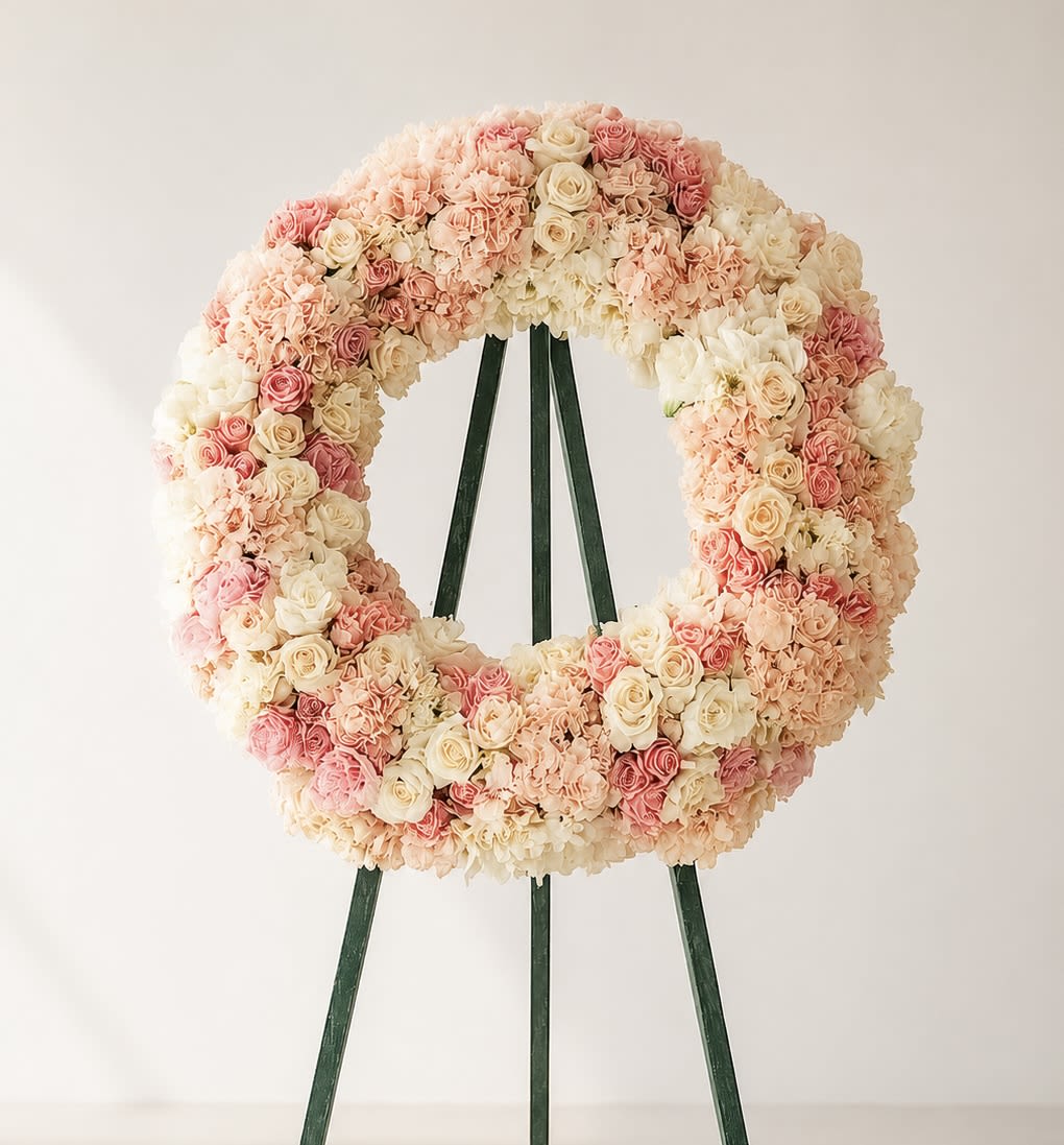 I Will Remember You  - We want to provide you with a way to honor, cherish, and remember a life that has been lost with our I Will Remember You wreath. This stunning composition features a wonderful mixture of soft pinks and cream florals, which helps to bring attention to the beauty of life and the profound impact of individuals we have lost. With sincere sympathy and thoughtful consideration, it is designed to offer comfort and remembrance in a difficult time. 