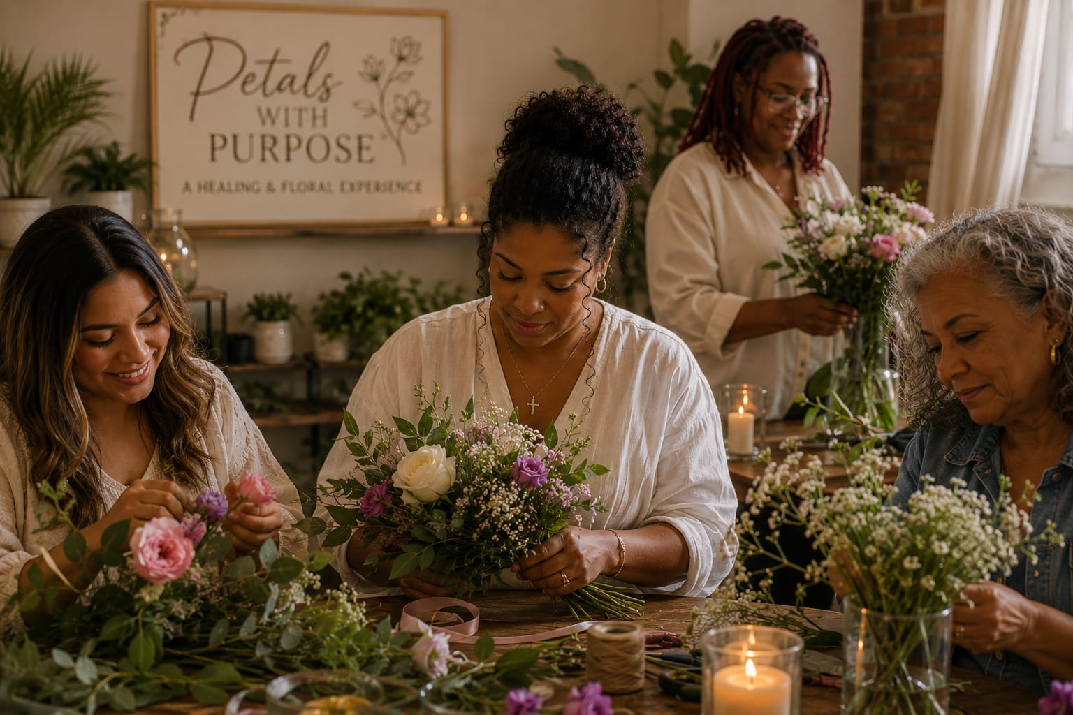 Petals With Purpose: A Healing Floral Experience  - Petals With Purpose: A Healing &amp; Floral Experience  Join us for an intimate evening of creativity, encouragement, and personal growth through flowers.  More than a floral workshop, Petals With Purpose is a meaningful experience designed to inspire, refresh, and encourage. As we create beautiful hand-tied bouquets together, we’ll reflect on life’s challenges, seasons of growth, and the beauty that can emerge through both.  All flowers and tools are provided, and you’ll leave with a bouquet of your own creation to enjoy at home.  Your experience includes: • Fresh flowers and floral tools • Step-by-step bouquet instruction • A hand-tied bouquet to take home • Light refreshments • Encouragement, reflection, and meaningful conversation  Friday, August 7, 2026 6:00 PM – 8:00 PM Anointed Flowers &amp; Gifts 1869 HWY 45 Bypass Suite 5B  Space is limited to ensure a personal and welcoming experience.