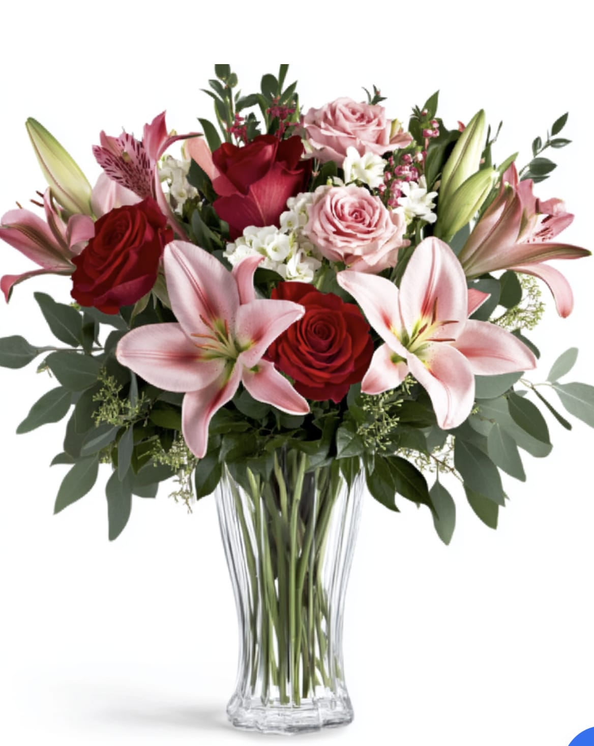 Lily Bouquet Designer Choice - FRESH LILIES ARE IN.  5 Stems of lilies along with filler.. vase may vary slightly from photo but the overall design will be similar to picture.. may not be exact.