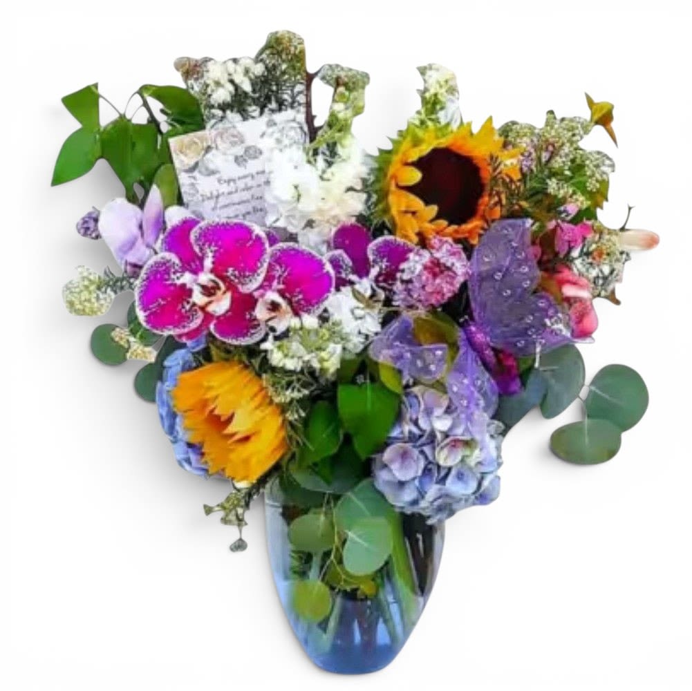 Bright &amp; Happy Garden Mix Bouquet - South Jersey's Best Seller - Brighten someone's day instantly with our local best seller loved for it's cheerful glow. This joyful designer's choice arrangement features radiant roses, sunflowers hydrangeas and seasonal blooms, all artfully arranged in a stylish vase and accented with a touch of charm.  Perfect for birthdays, thank-you gifts, get-well wishes, or just because, this unique each time bouquet delivers happiness in every petal. Each design is handcrafted, making every arrangement extra special.  We proudly provide local flower delivery in South Jersey, including Haddon Township, Haddonfield, Cherry Hill, Moorestown, Marlton, and Mount Laurel.  Send the gift of smiles today with this unforgettable bright and cheerful bouquet.