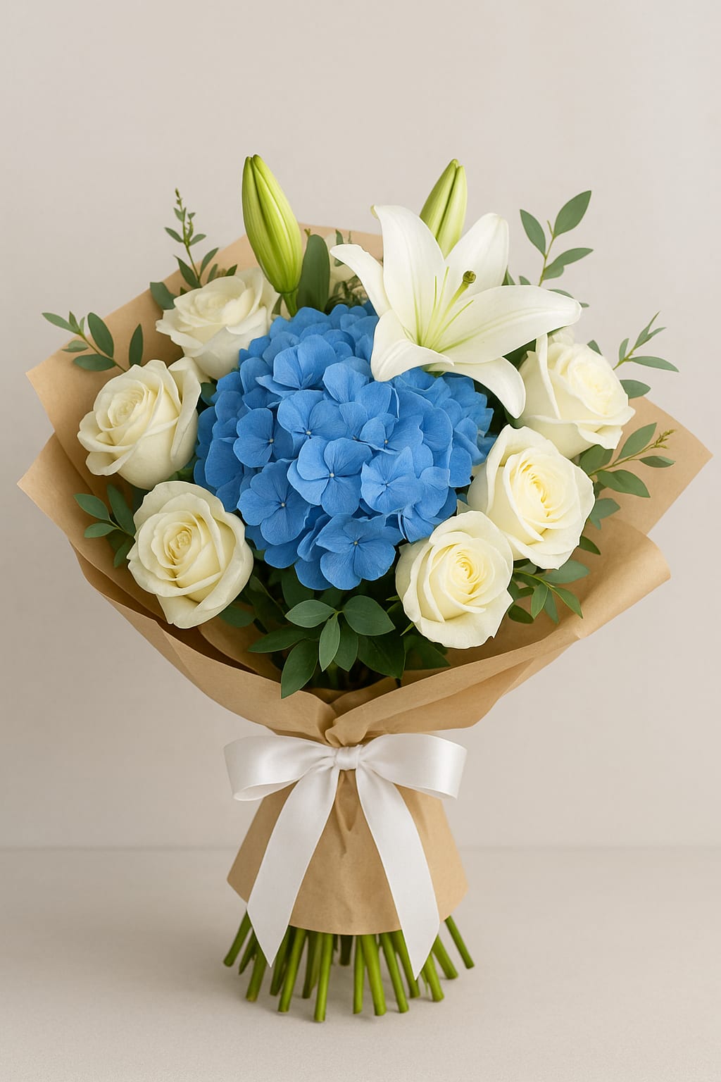 Blue hydrangea bouquet with white roses and a white lily