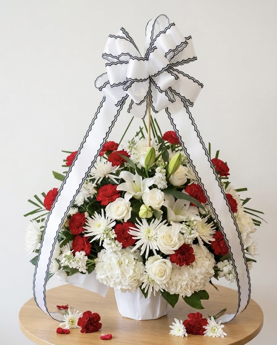 Sympathy Basket 4 - Basket arrangement for funeral, mix of white &amp;red flowers in white basket