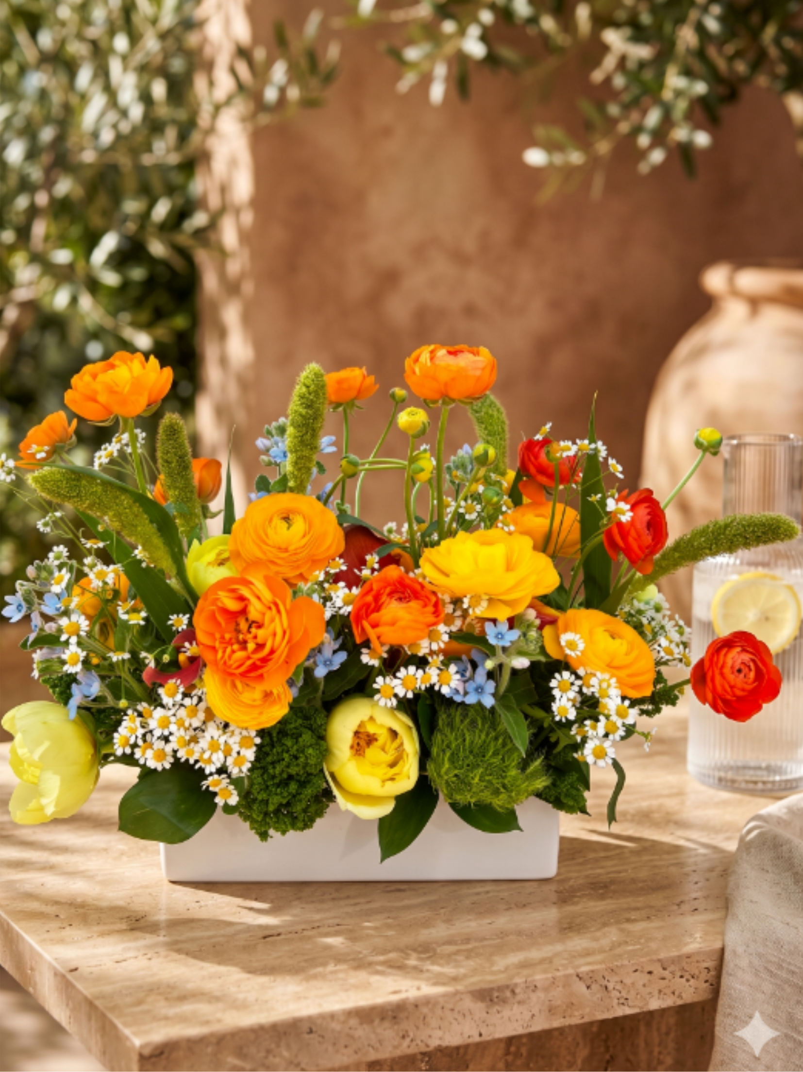 BP127 - The Citrus Sunrise Centerpiece - A vibrant, energizing arrangement featuring a bright orange ranunculus, daisy and light blue tweedia. Presented in a modern, low white rectangular vase, this garden-style centerpiece brings a burst of sunshine and elegant texture to any space.  Seasonality: Peonies : Late Spring to Early Summer (typically May through late June). Daisies : Early Summer through Early Fall (typically June through September).